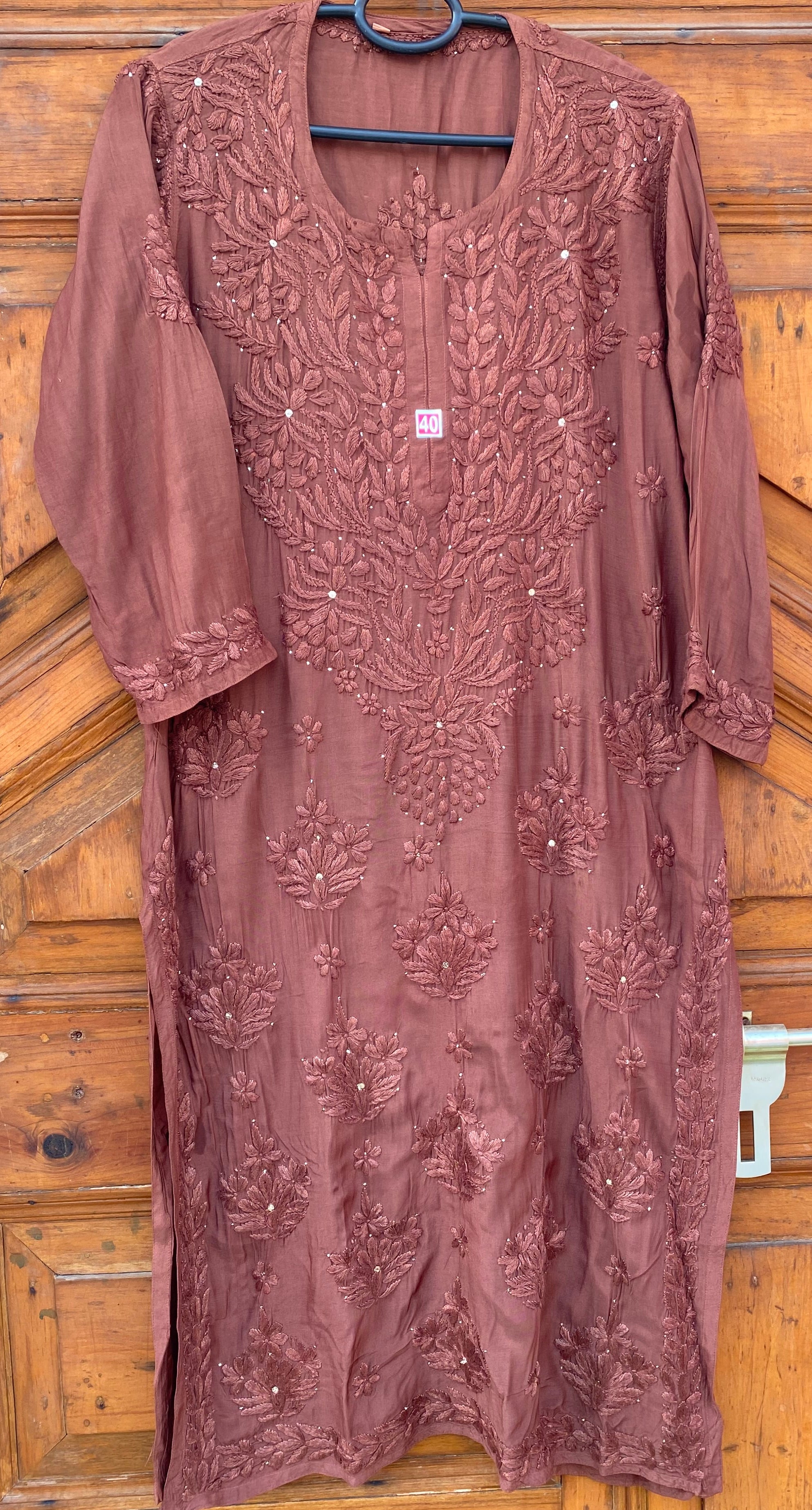 INAYA 3D WORK MUKESH SILK KURTI BROWN