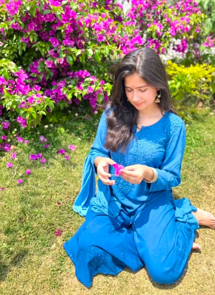 GUNJAN REYON 3PC CHIKANKARI SETS BLUE