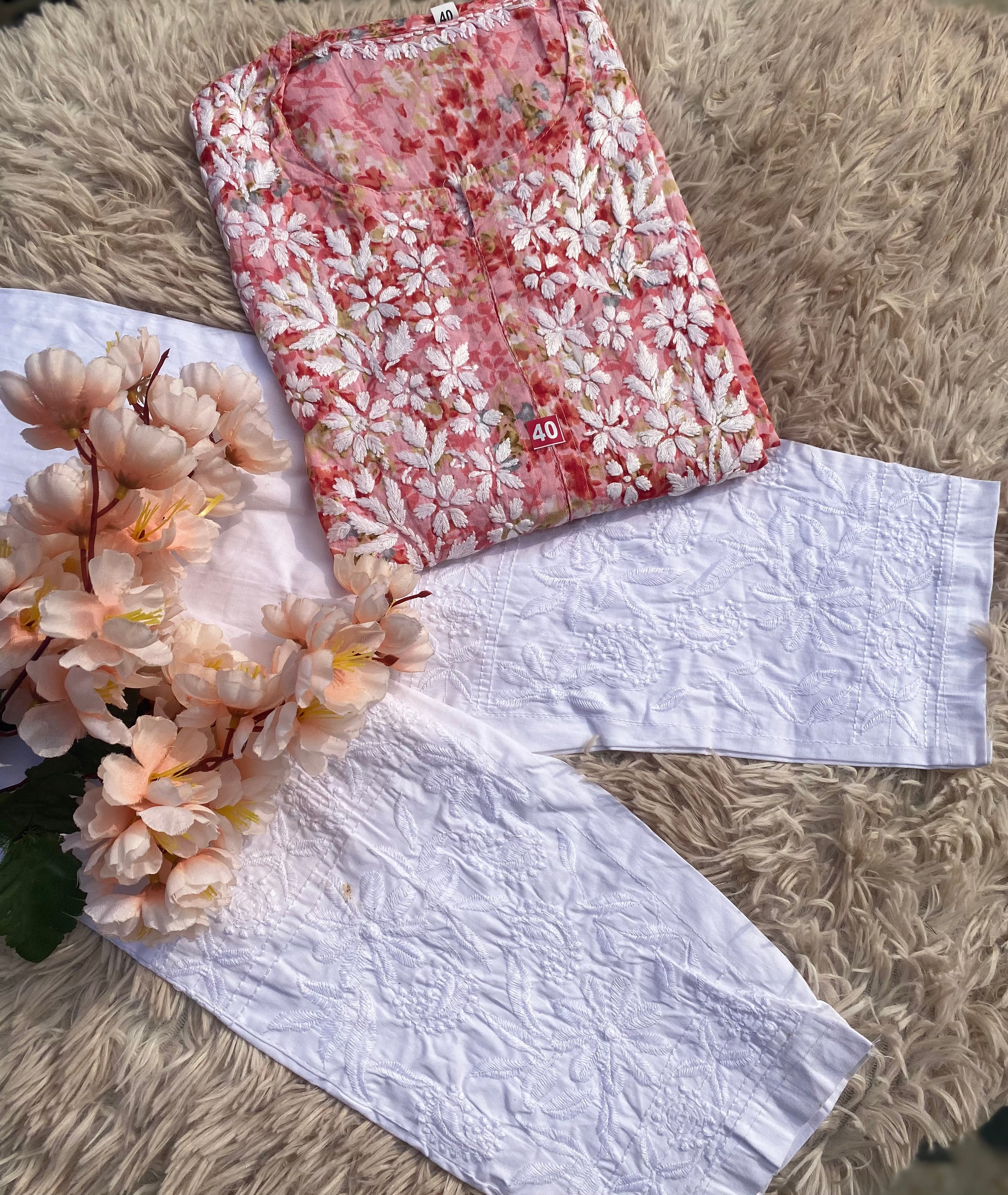 NETRA PRINTED CHIKANKARI SET CARROT RED