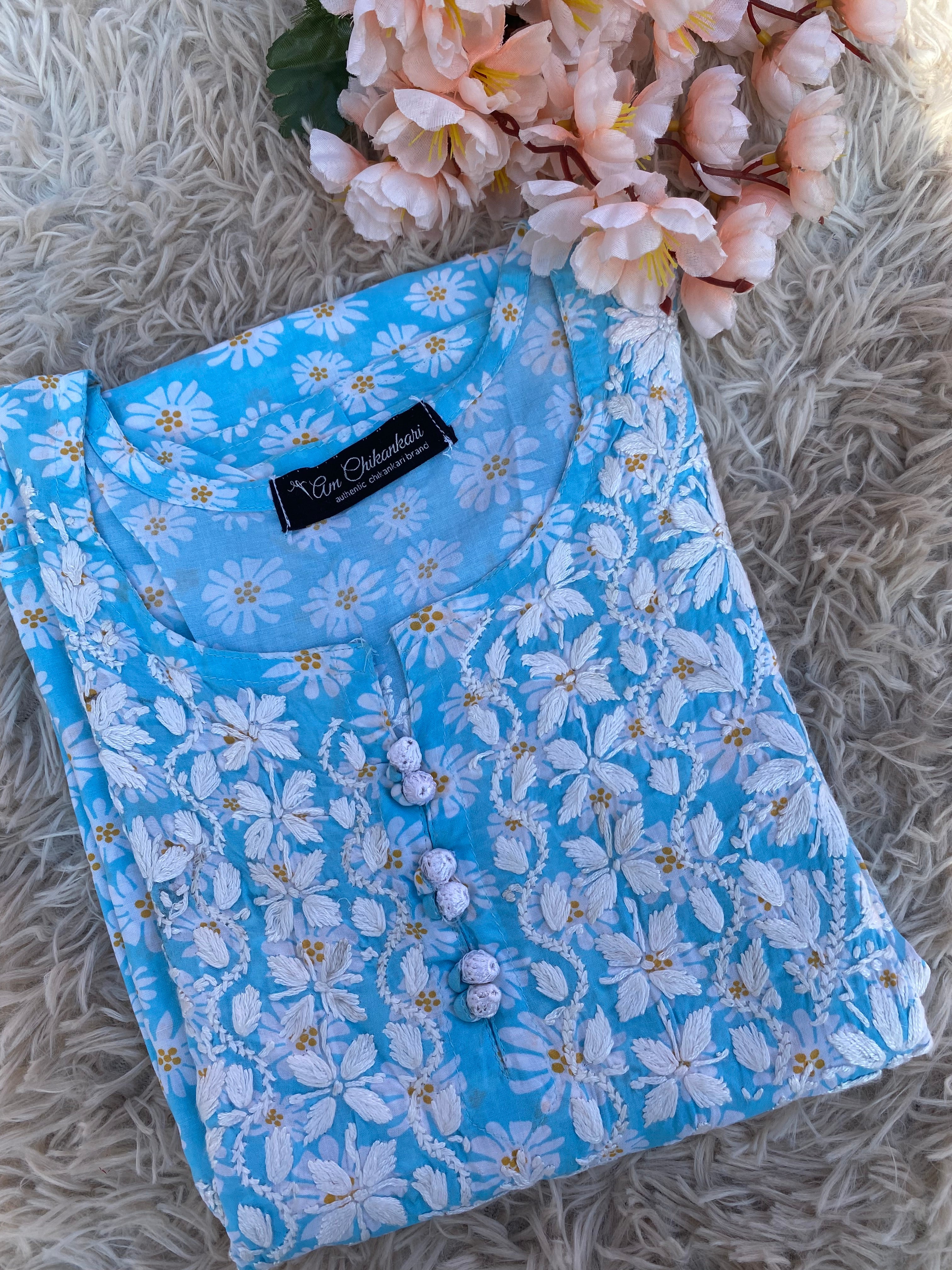 BLUE MODAL PRINTED CHIKANKARI KURTI