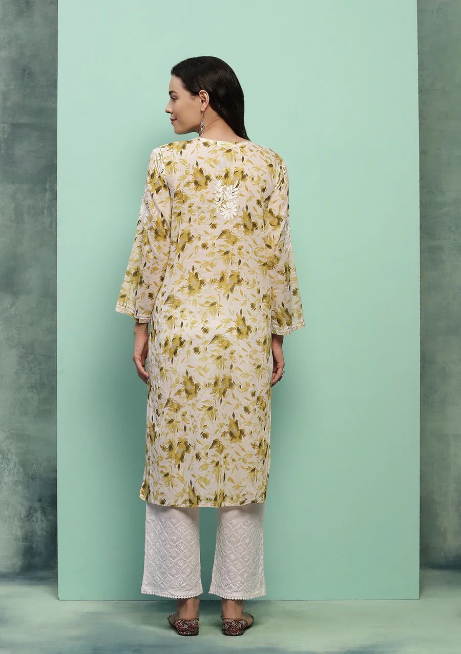 FLOWER MULMUL CHIKANKARI KURTI SET