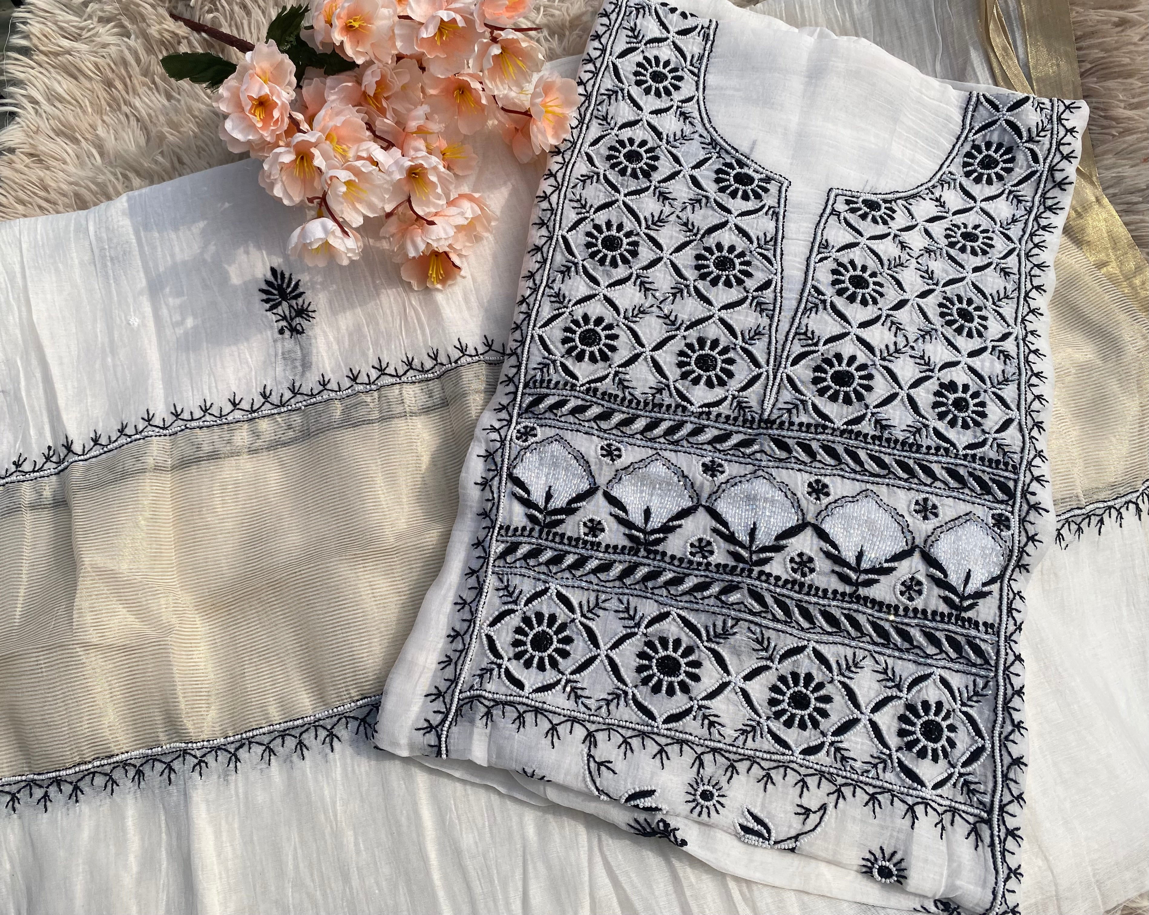 White and black Mul Chanderi Timeless Chikankari Kurti Set | Hand Embroidered Lucknowi Wear