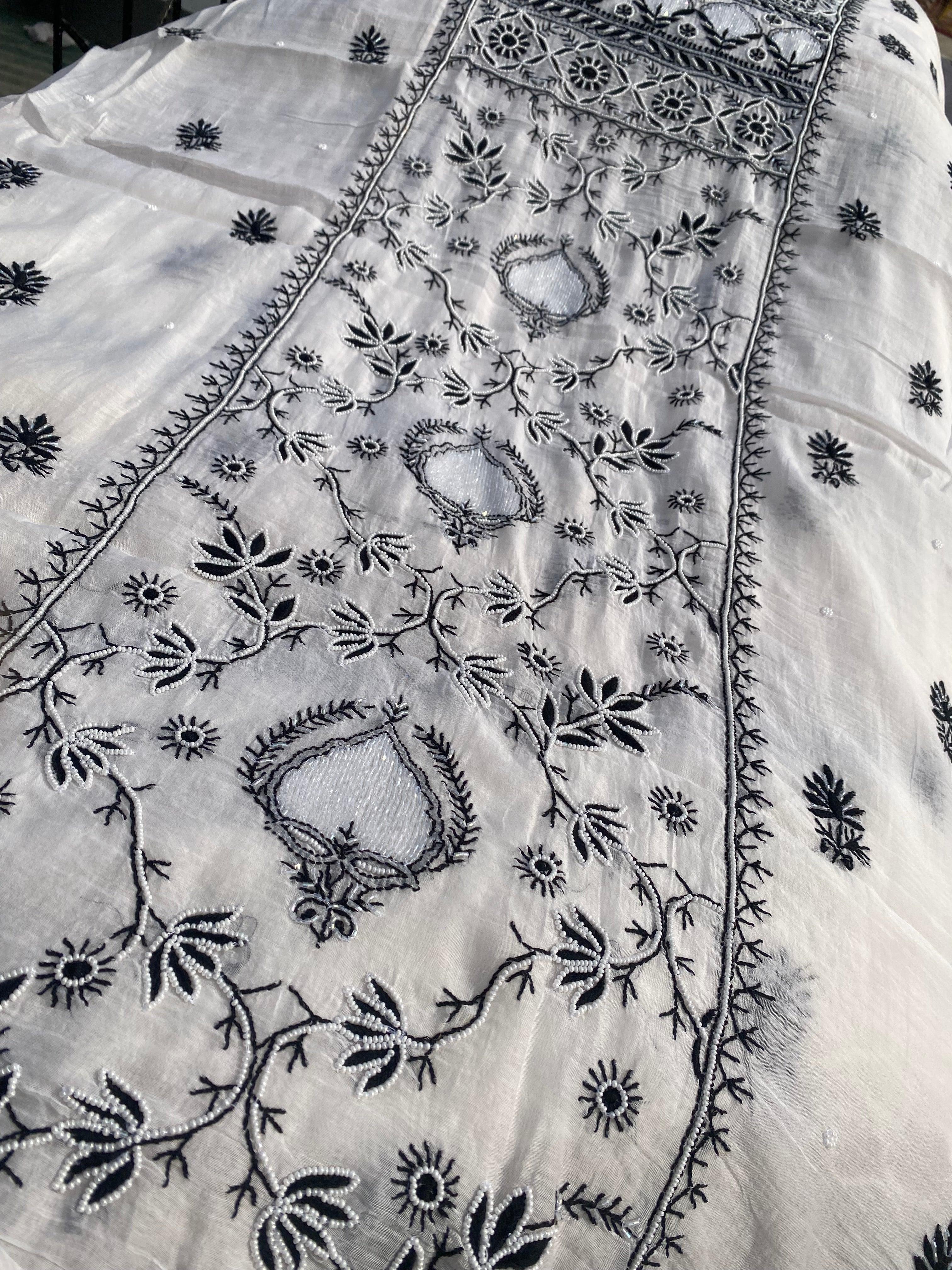 White and black Mul Chanderi Timeless Chikankari Kurti Set | Hand Embroidered Lucknowi Wear