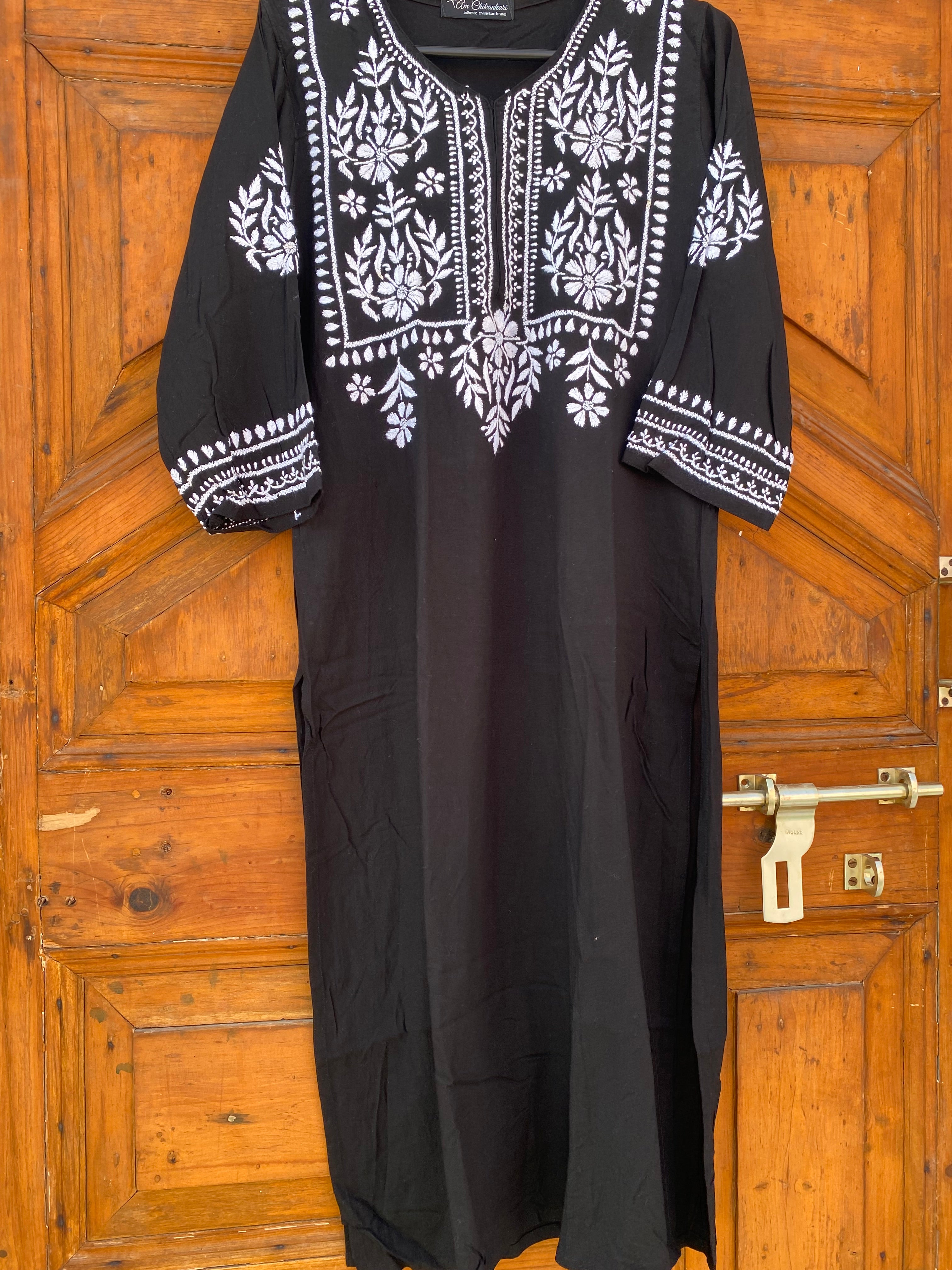 BLACK REYON CHIKANKARI KURTI