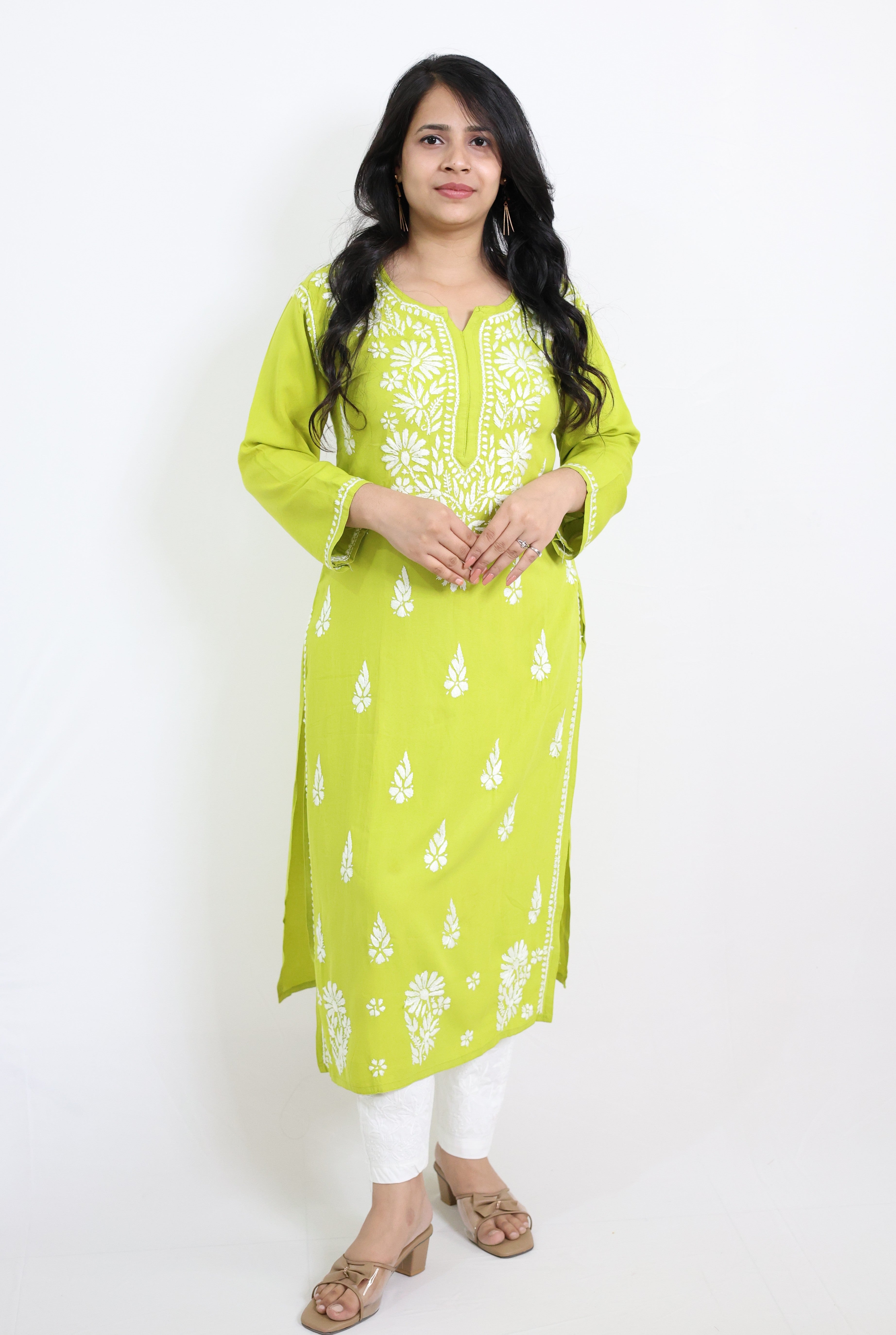 Anaya Neon Green Rayon Hand-Embroidered Lucknowi Chikankari Kurti for Women