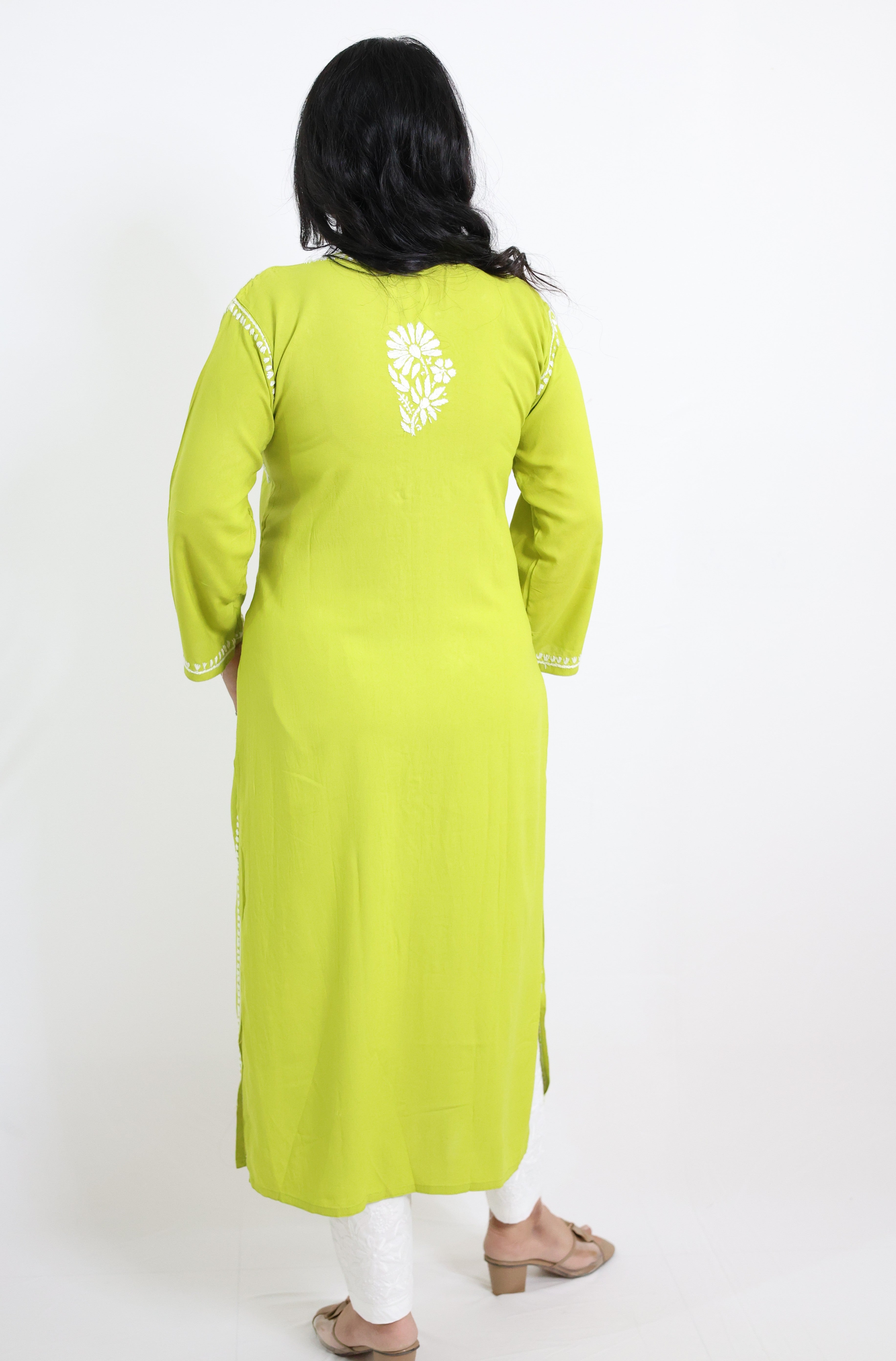 Anaya Neon Green Rayon Hand-Embroidered Lucknowi Chikankari Kurti for Women