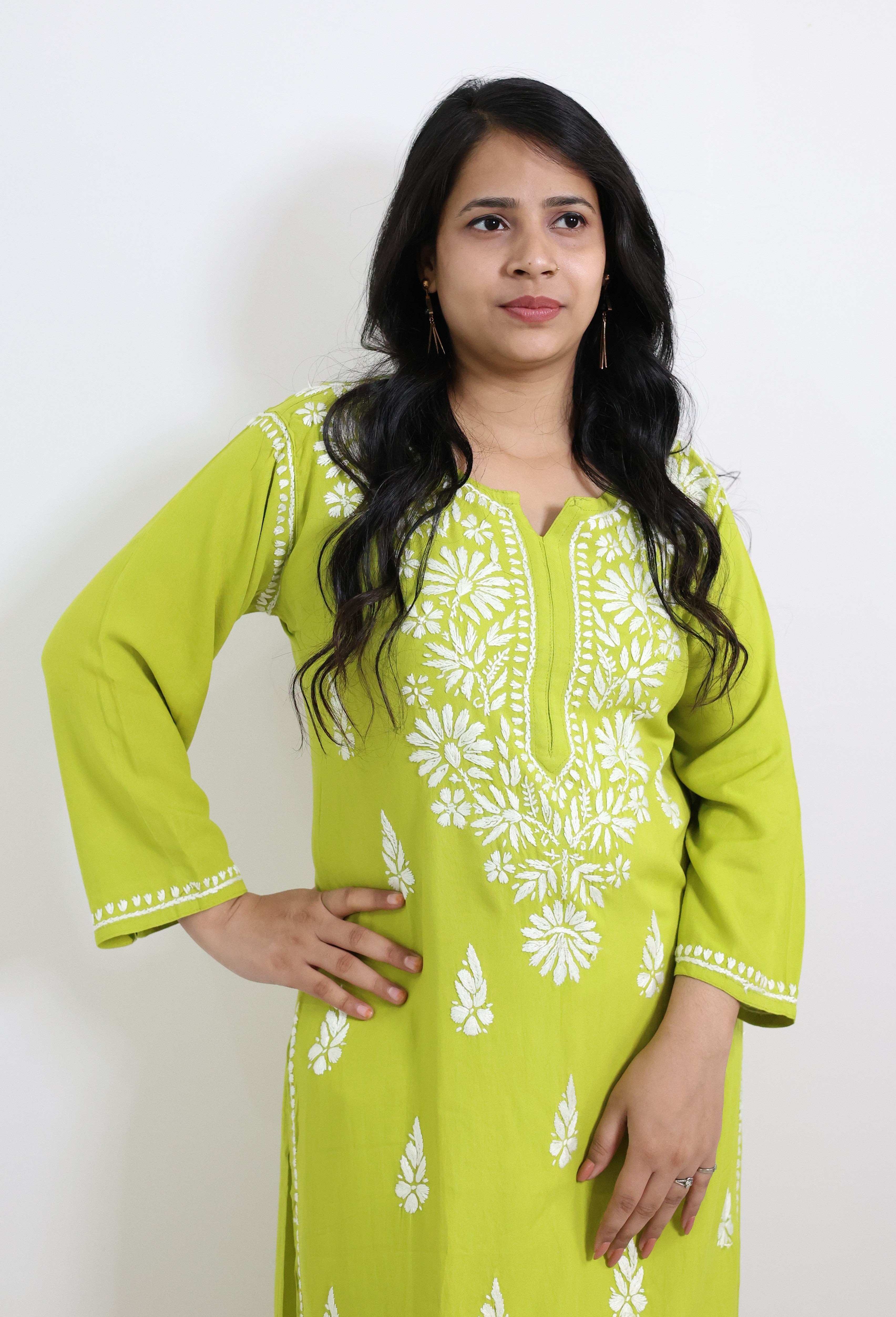 Anaya Neon Green Rayon Hand-Embroidered Lucknowi Chikankari Kurti for Women