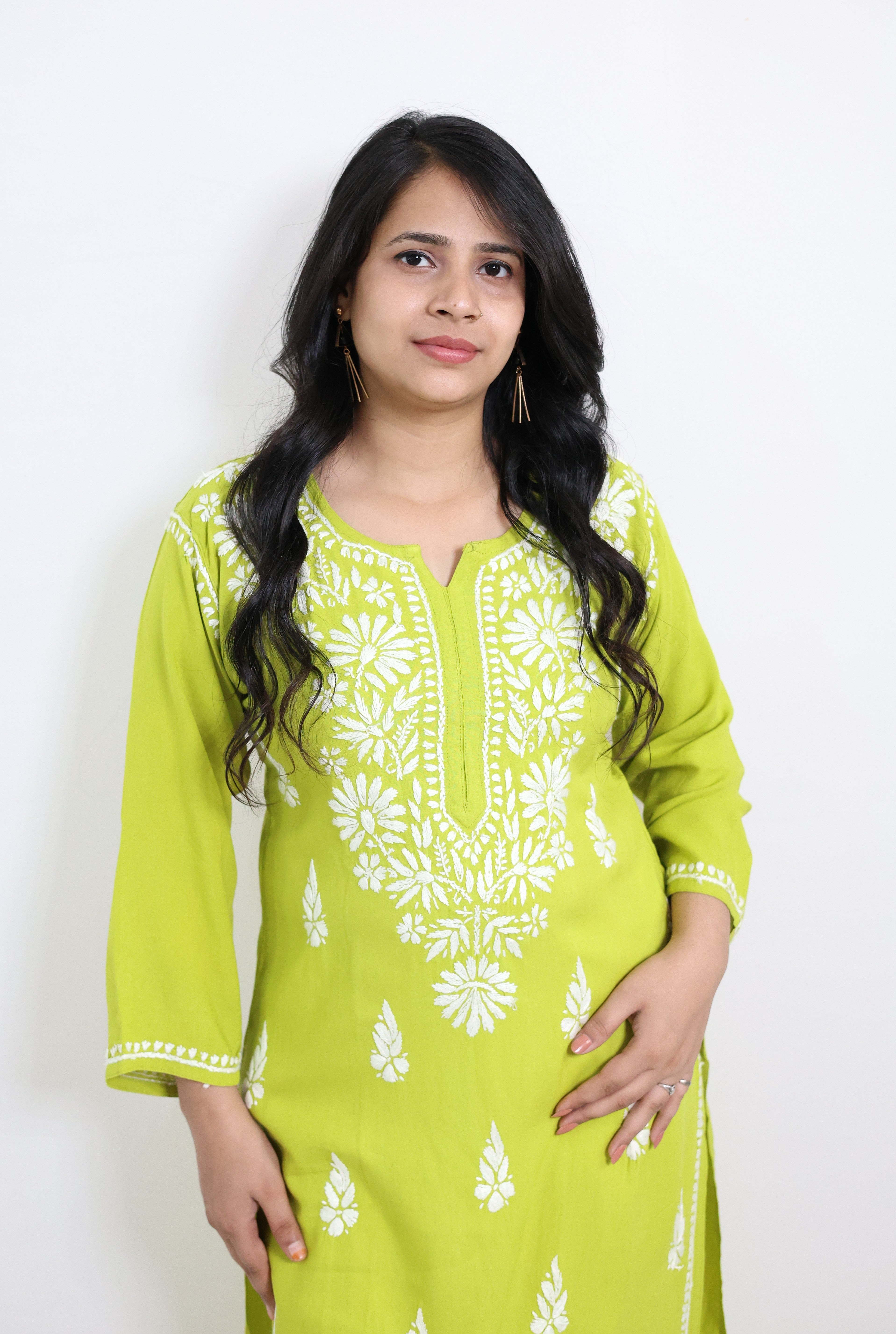 Anaya Neon Green Rayon Hand-Embroidered Lucknowi Chikankari Kurti for Women