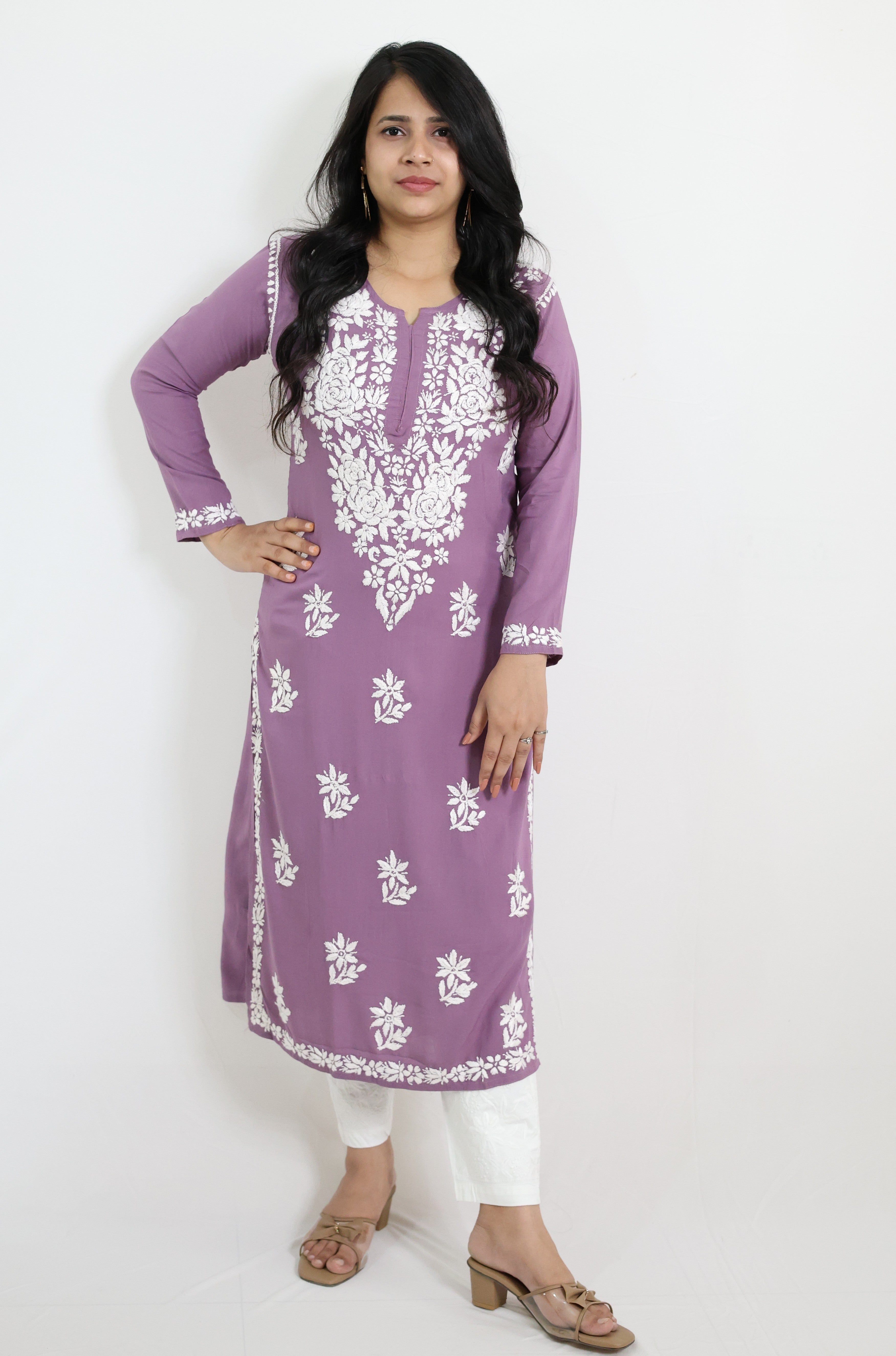 Anaya Purple Rayon Hand-Embroidered Lucknowi Chikankari Kurti for Women