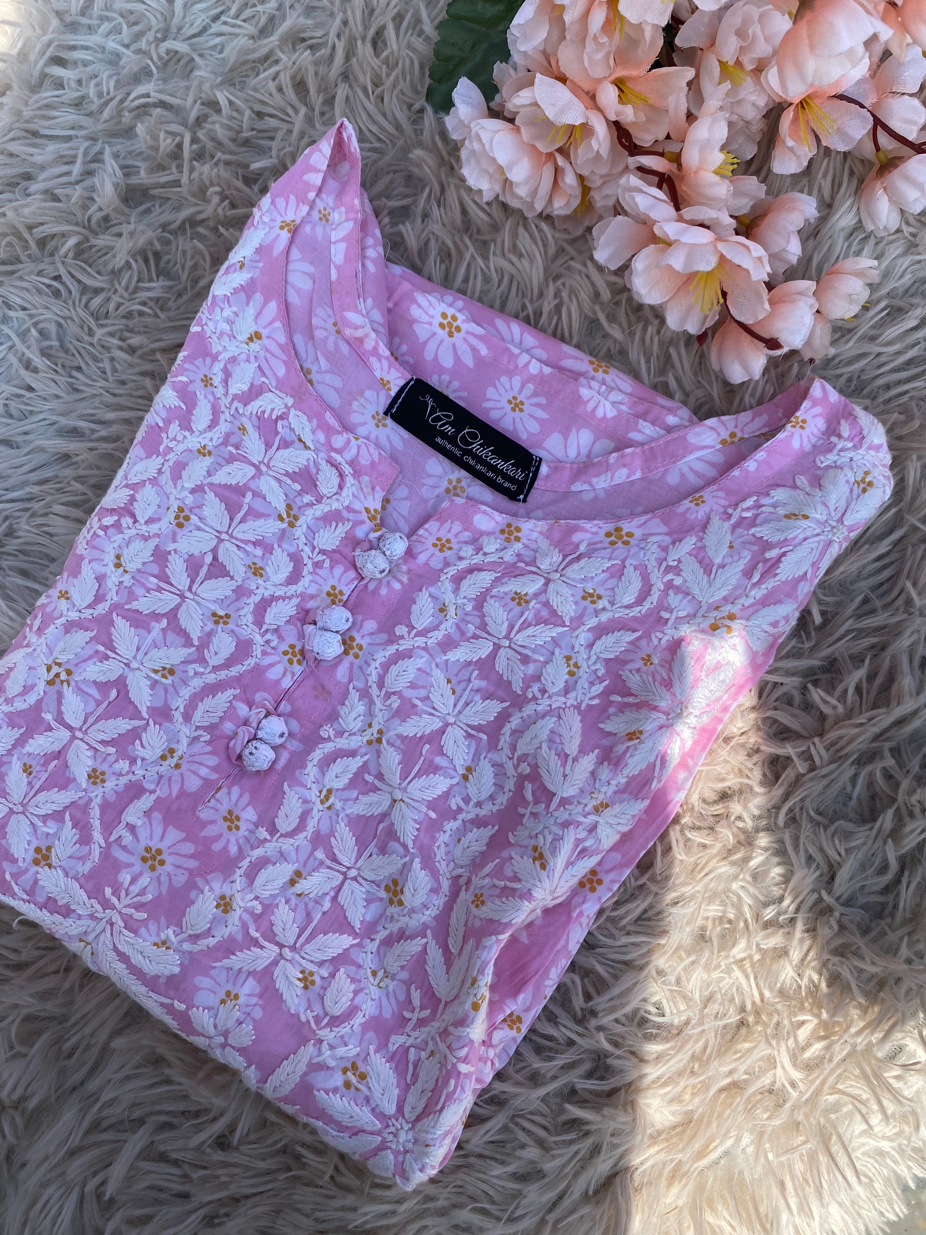PINK MODAL PRINTED CHIKANKARI KURTI