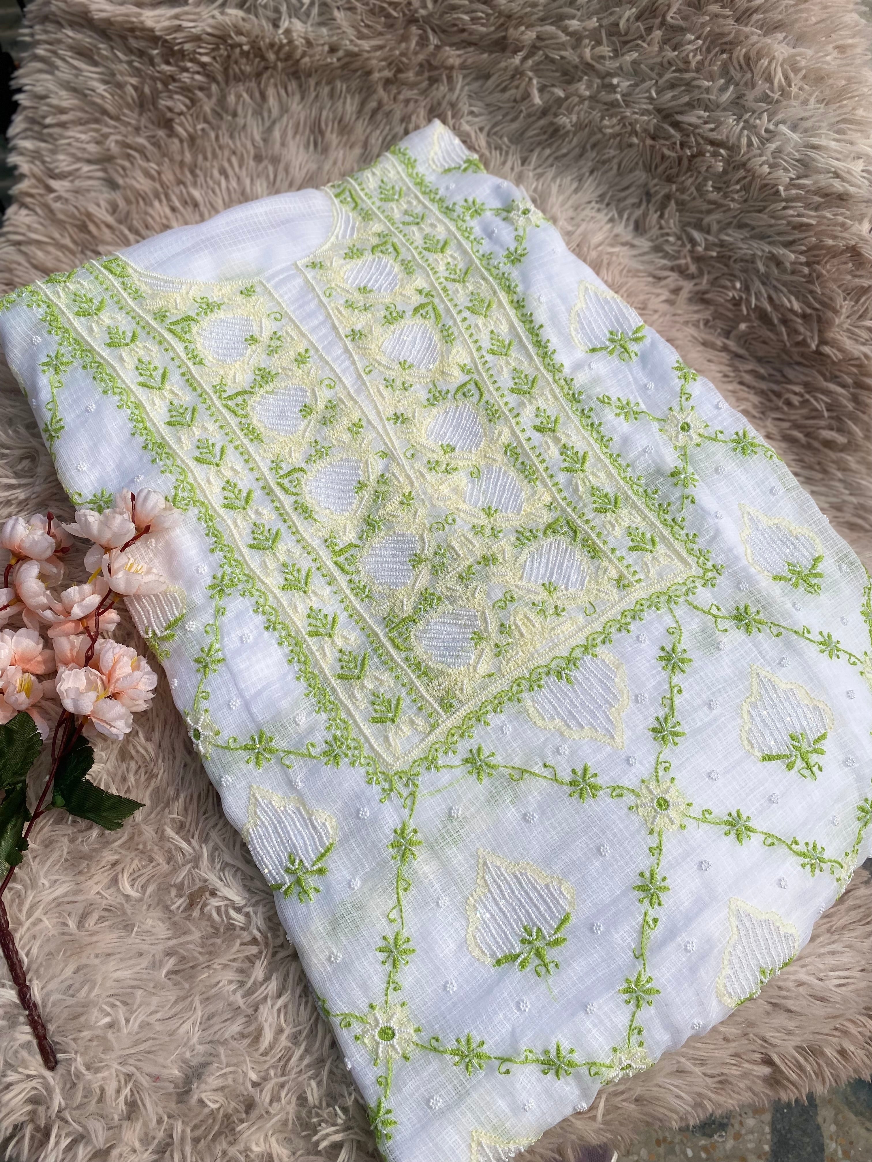 White Kota Doria Chikankari Suit with Lime Green Hand Embroidery