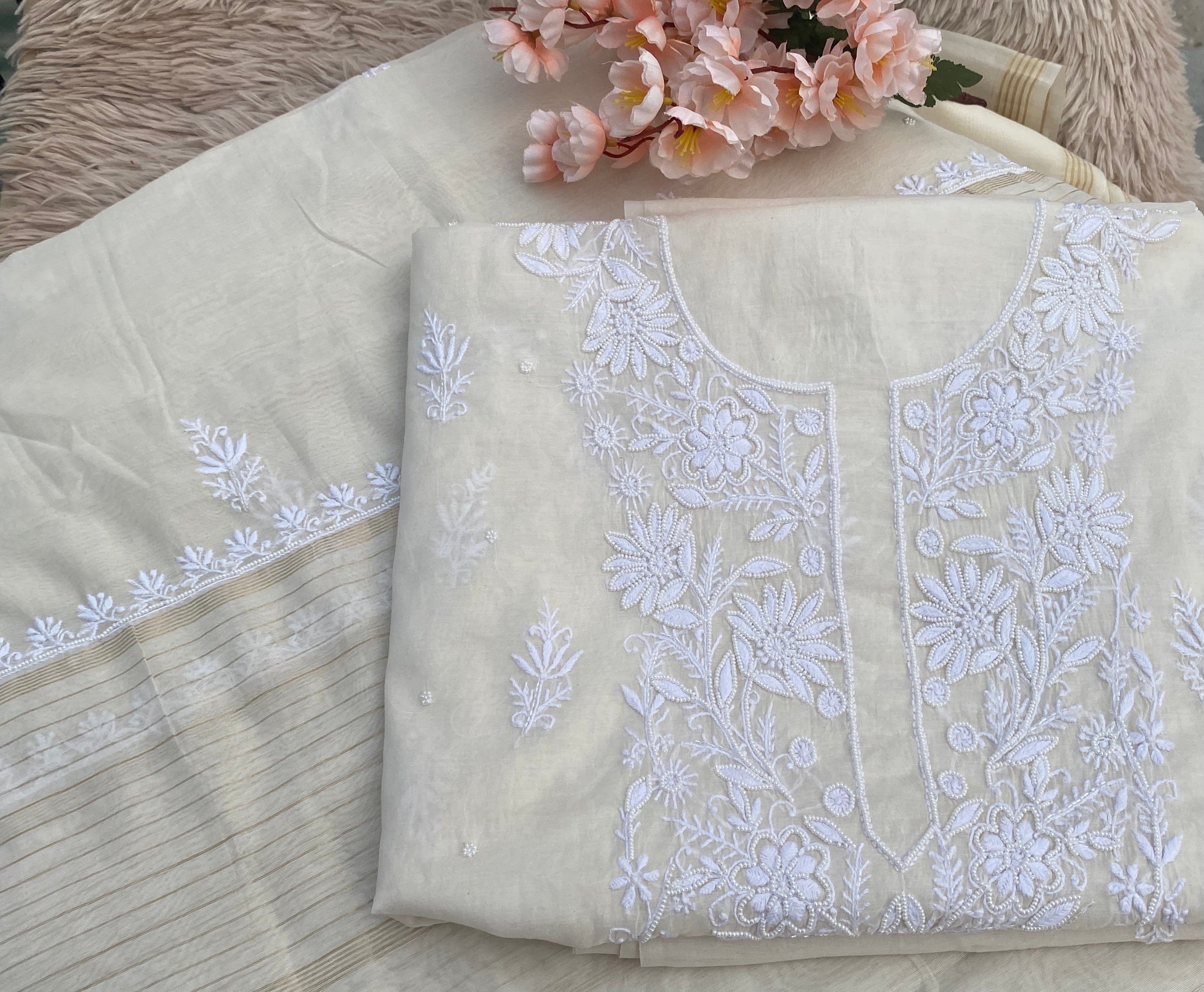 WHITE MUL CHANDERI UNSTITCHED KURTI WITH DUPATTA SET