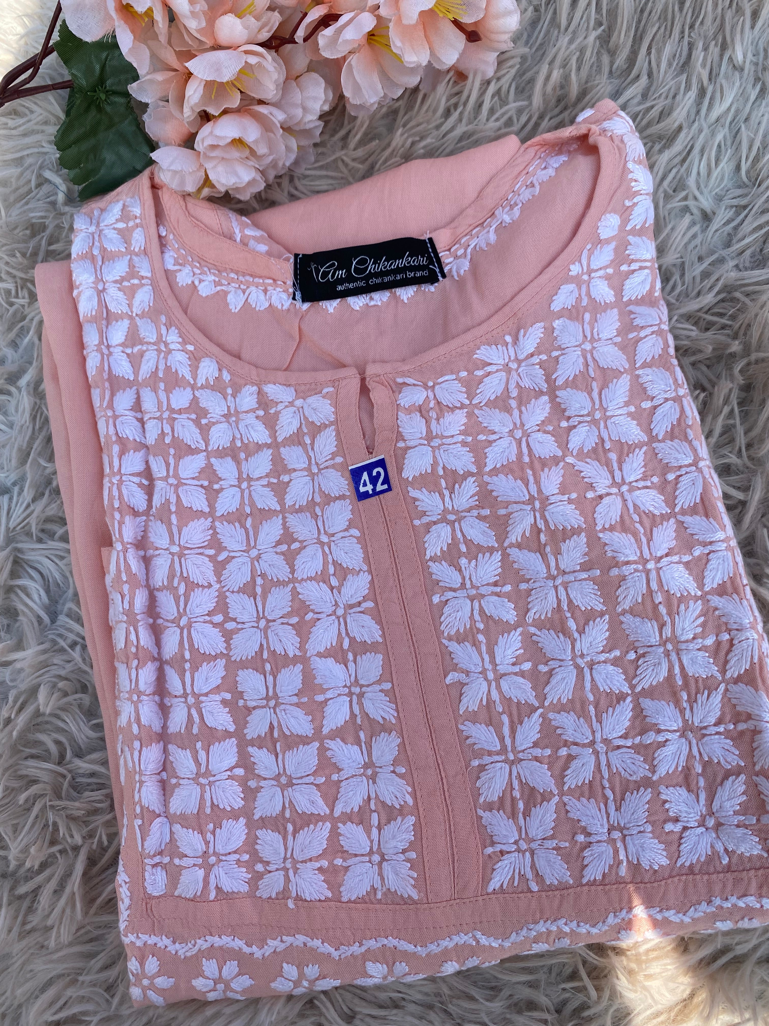 MODAL PEACH CHIKANKARI STRAIGHT KURTI