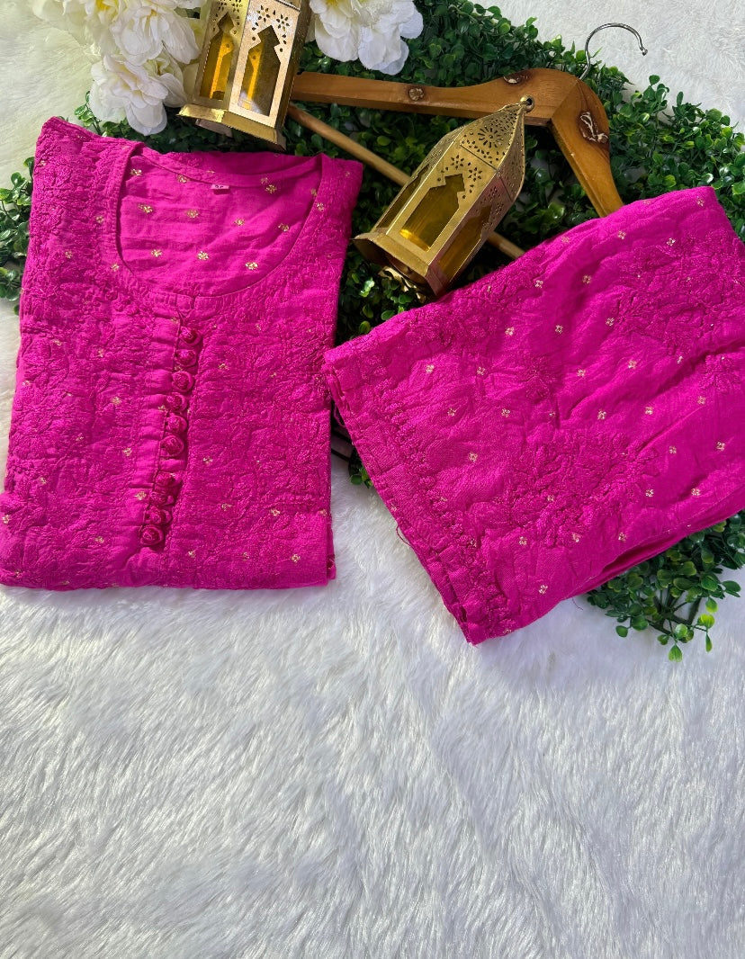 CHANDERI PREMIUM-PINK CHIKANKARI SET