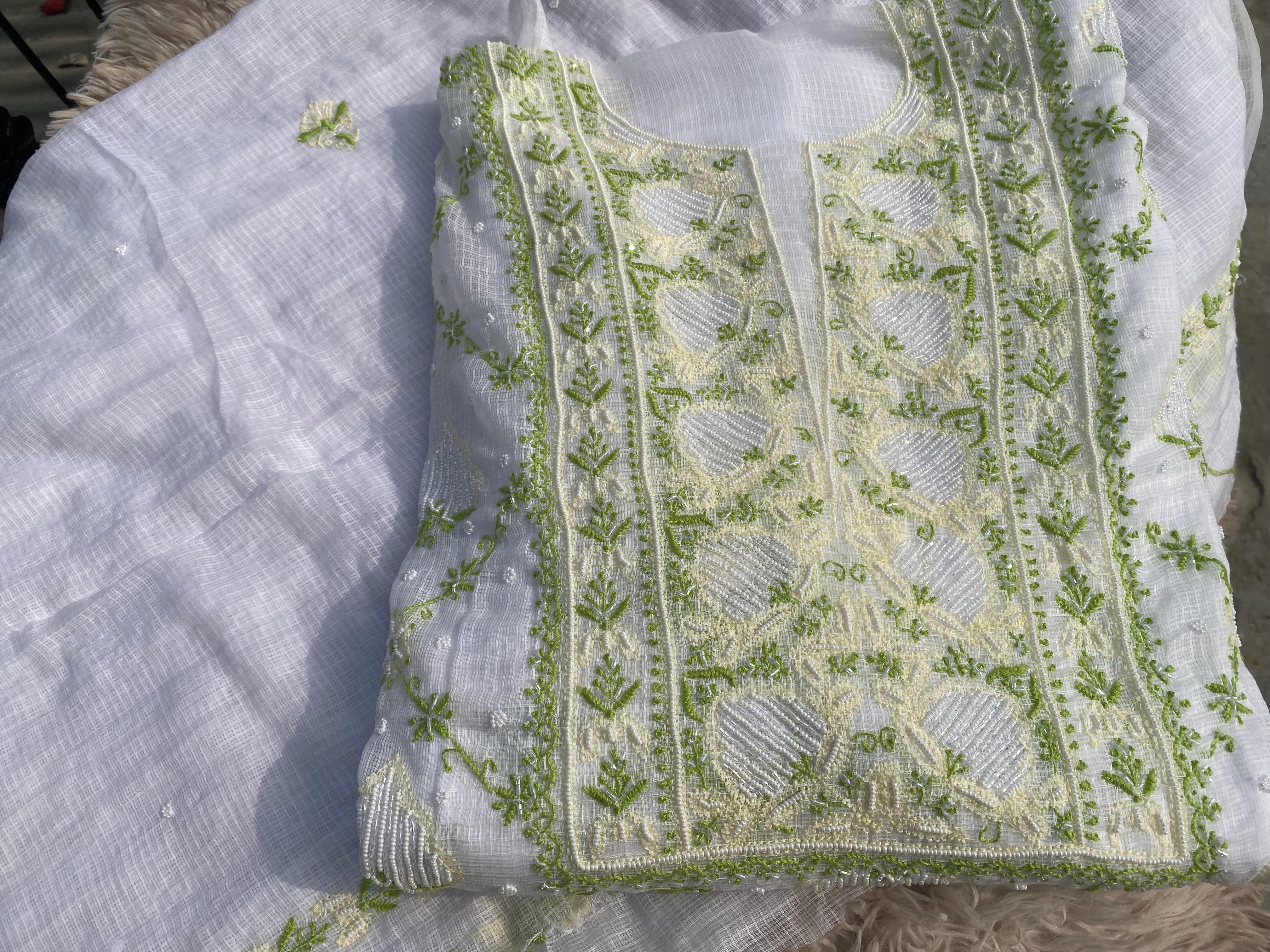 White Kota Doria Chikankari Suit with Lime Green Hand Embroidery