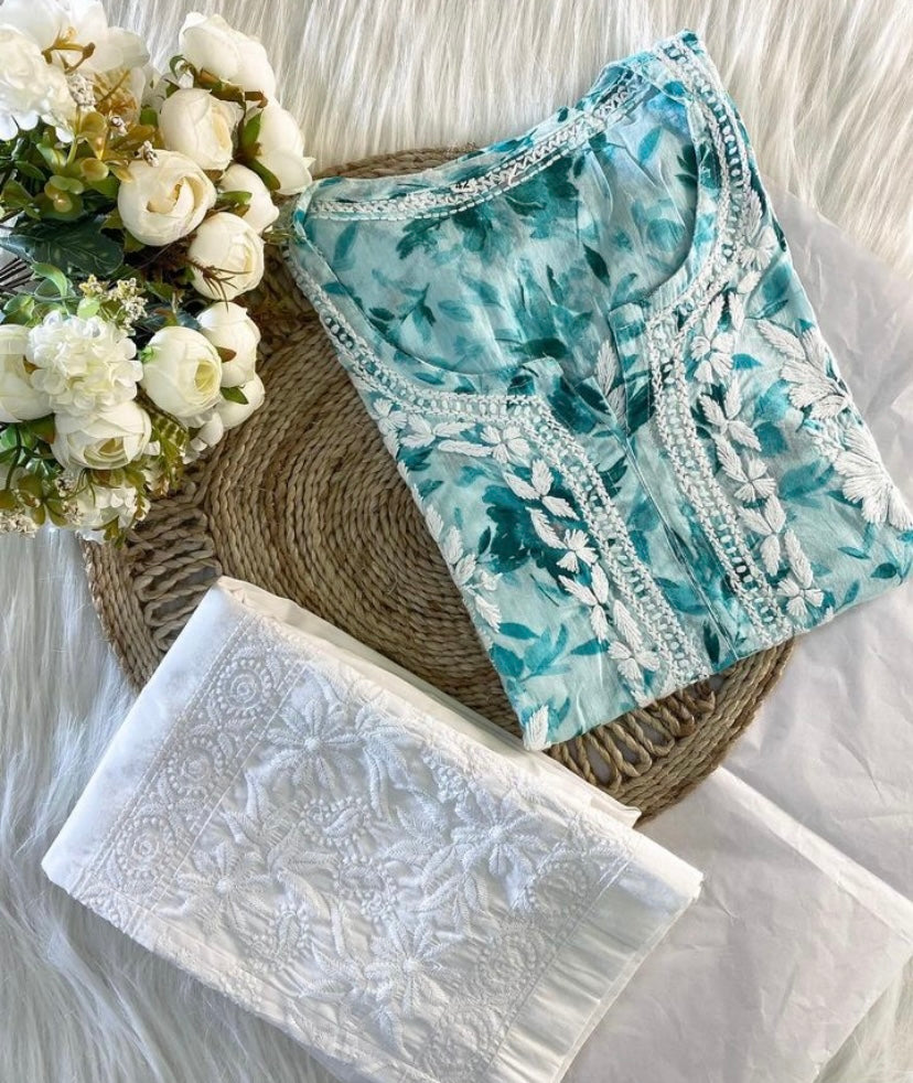 FLOWER MULMUL AQUA GREEN CHIKANKARI KURTI SET.