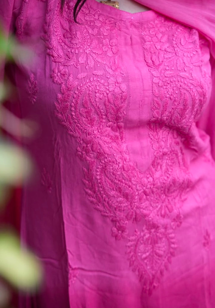 GUNJAN REYON 3PC CHIKANKARI SETS PINK