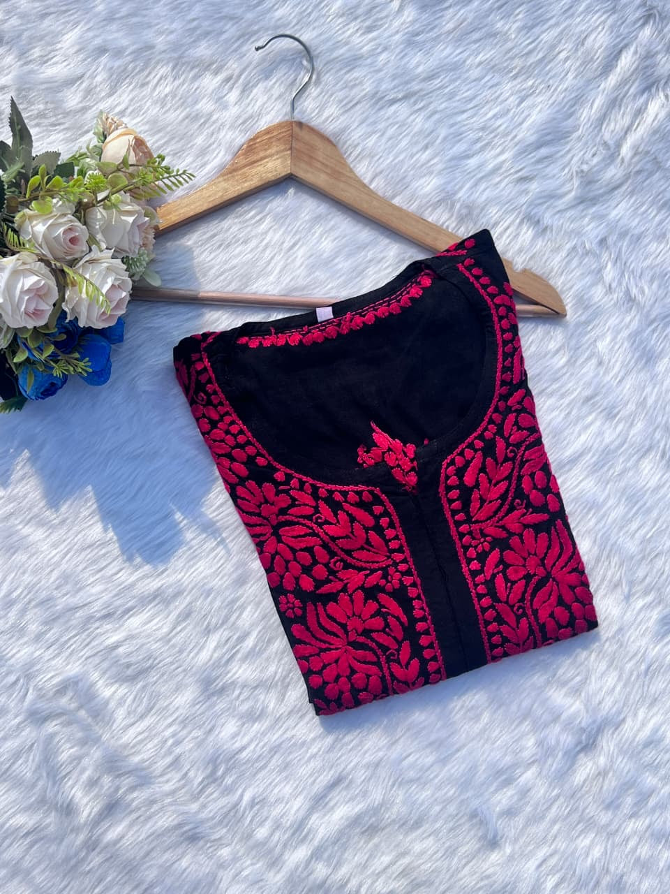 TRENDING CHIKANKARI EMBROIDED KURTI RED