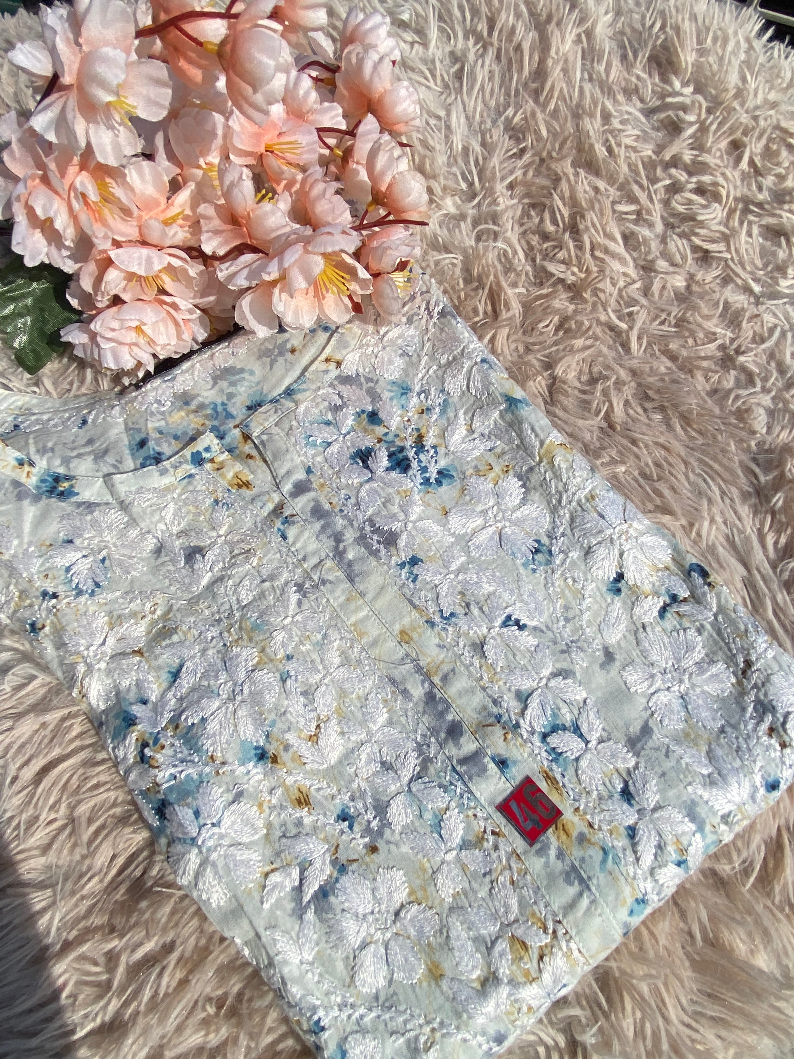 BLUE SOFT MULMUL CHIKANKARI STRAIGHT KURTI