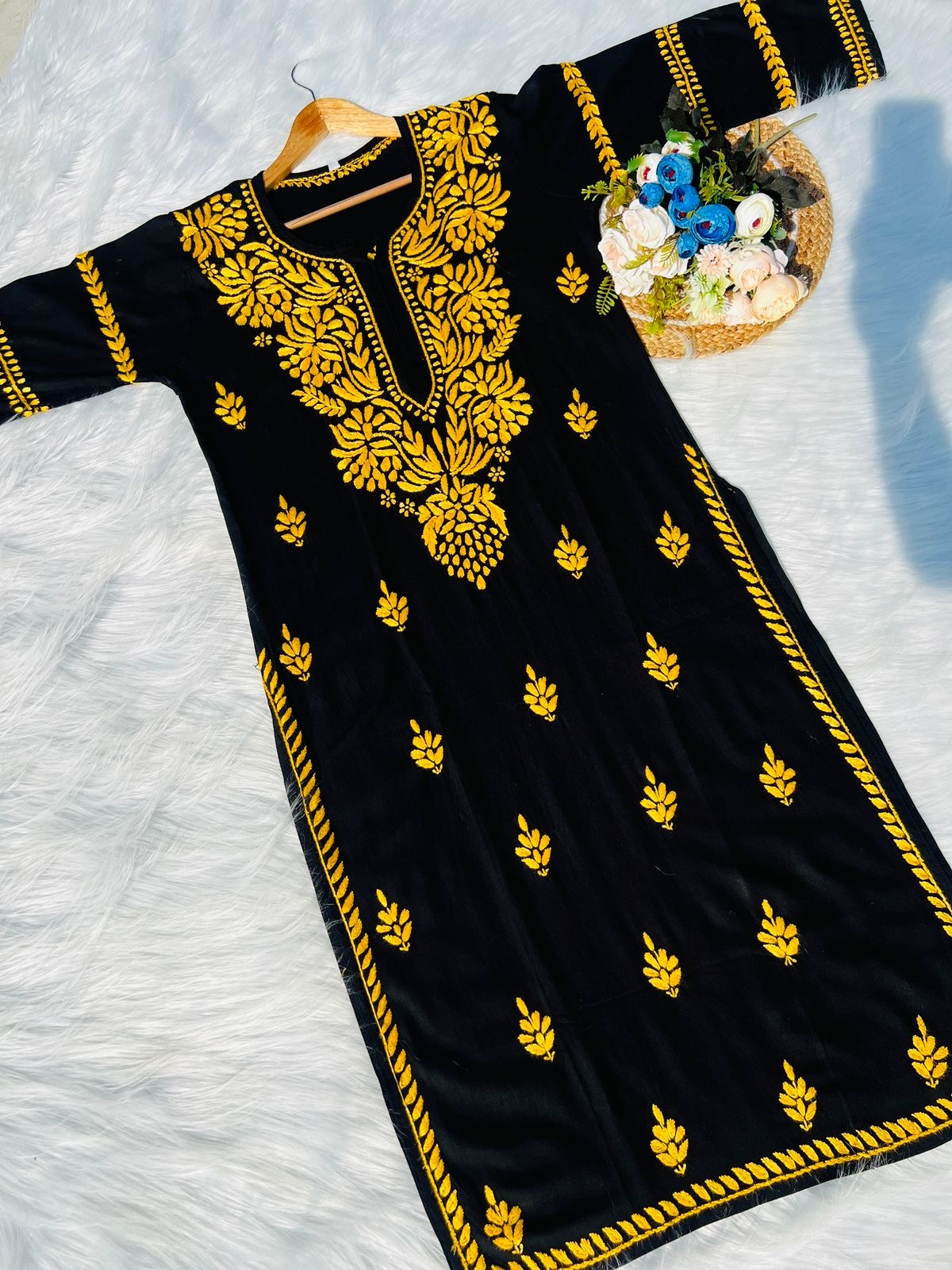 TRENDING CHIKANKARI EMBROIDED KURTI YELLOW