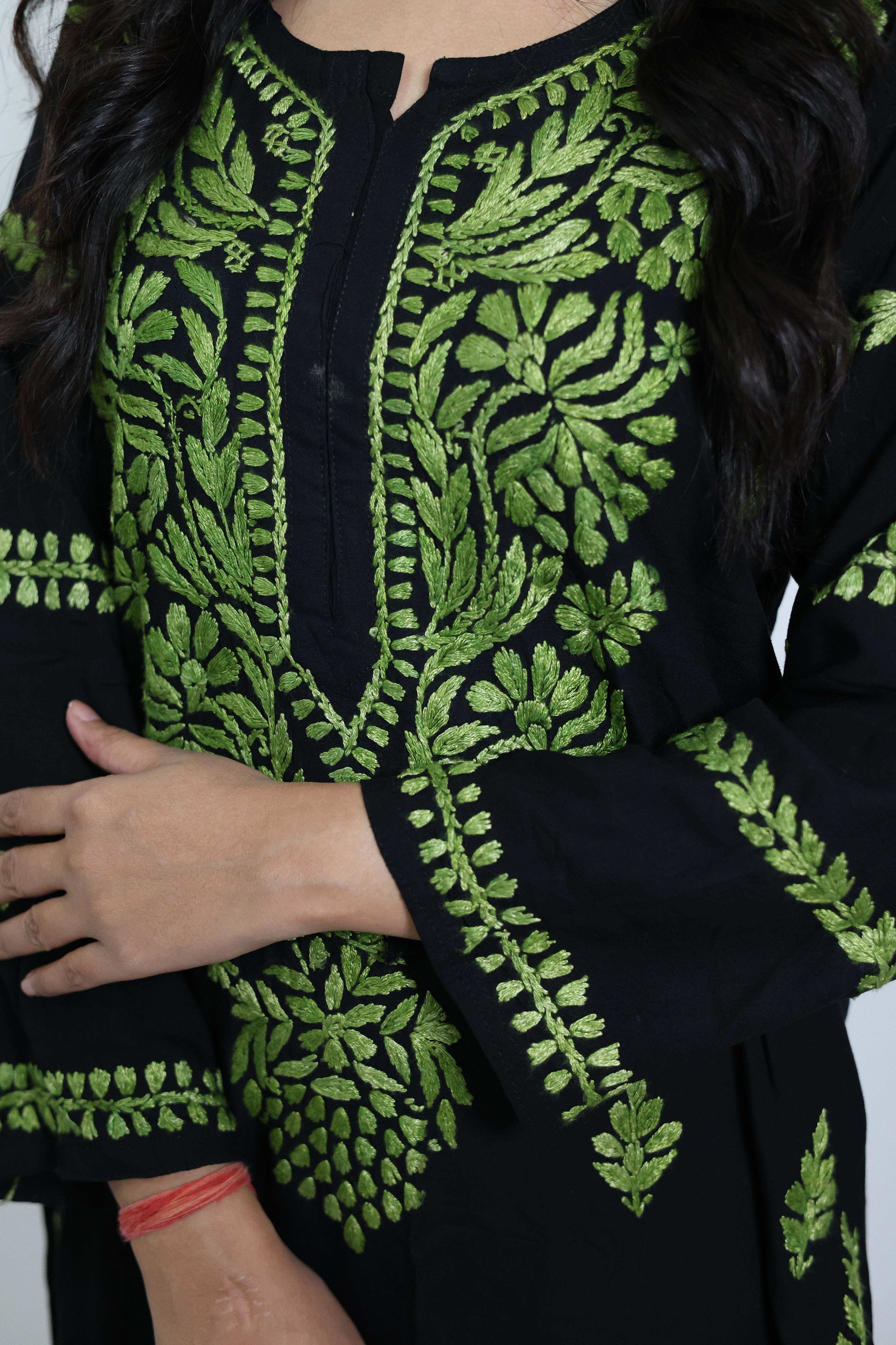 Black Rayon Lucknowi Chikankari Kurti with Green Hand-Embroidery for Women