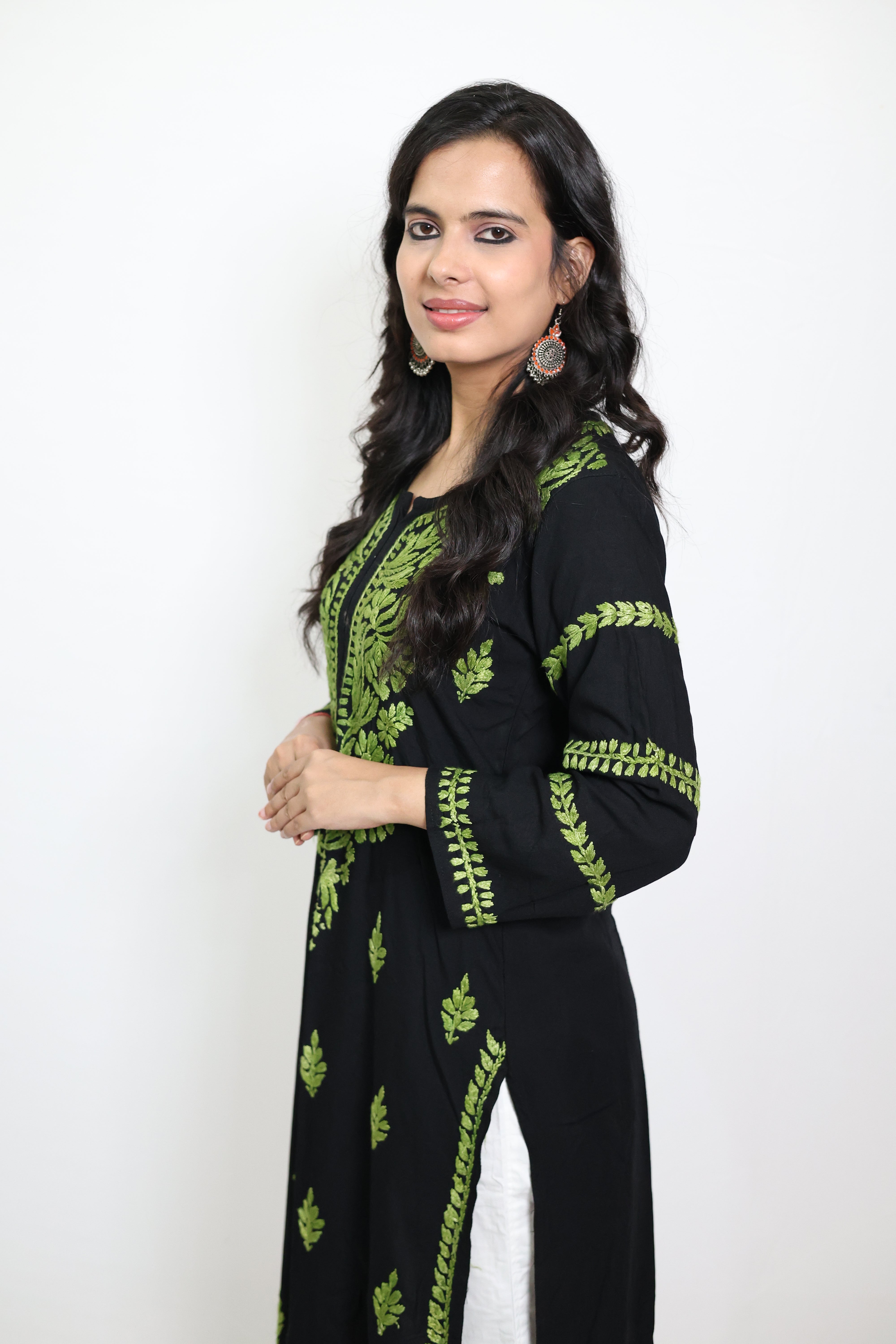 Black Rayon Lucknowi Chikankari Kurti with Green Hand-Embroidery for Women