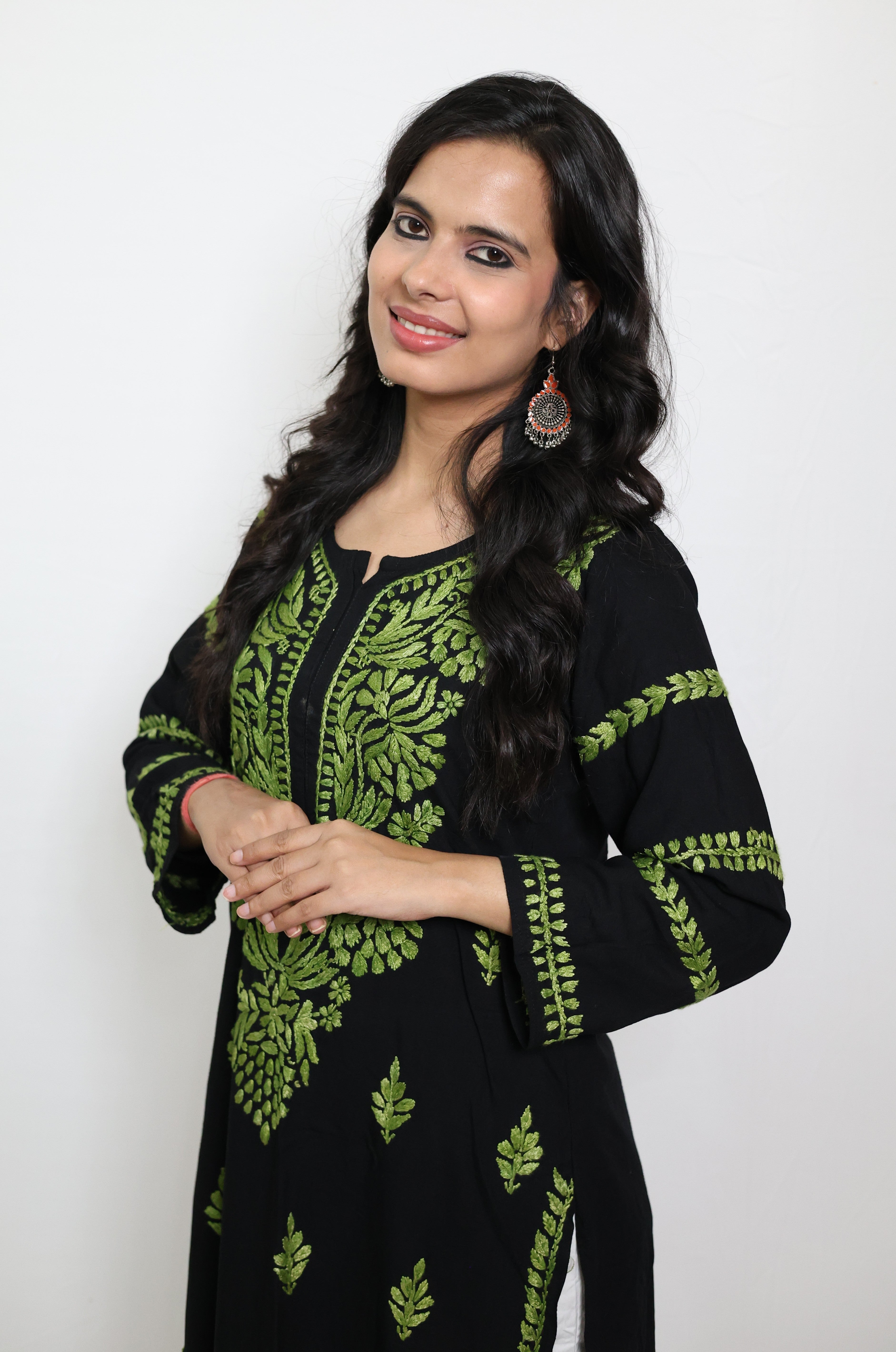 Black Rayon Lucknowi Chikankari Kurti with Green Hand-Embroidery for Women