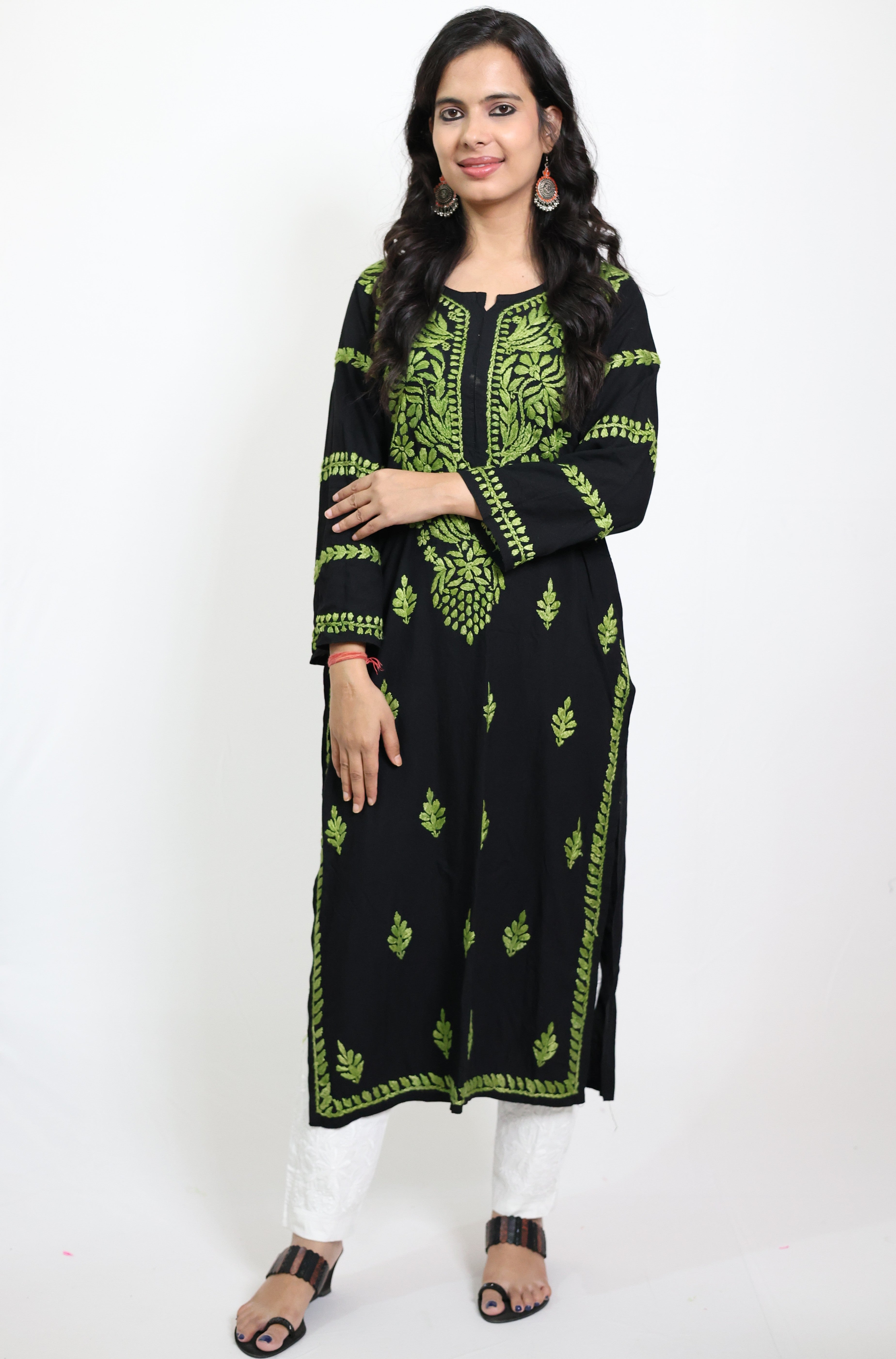 Black Rayon Lucknowi Chikankari Kurti with Green Hand-Embroidery for Women