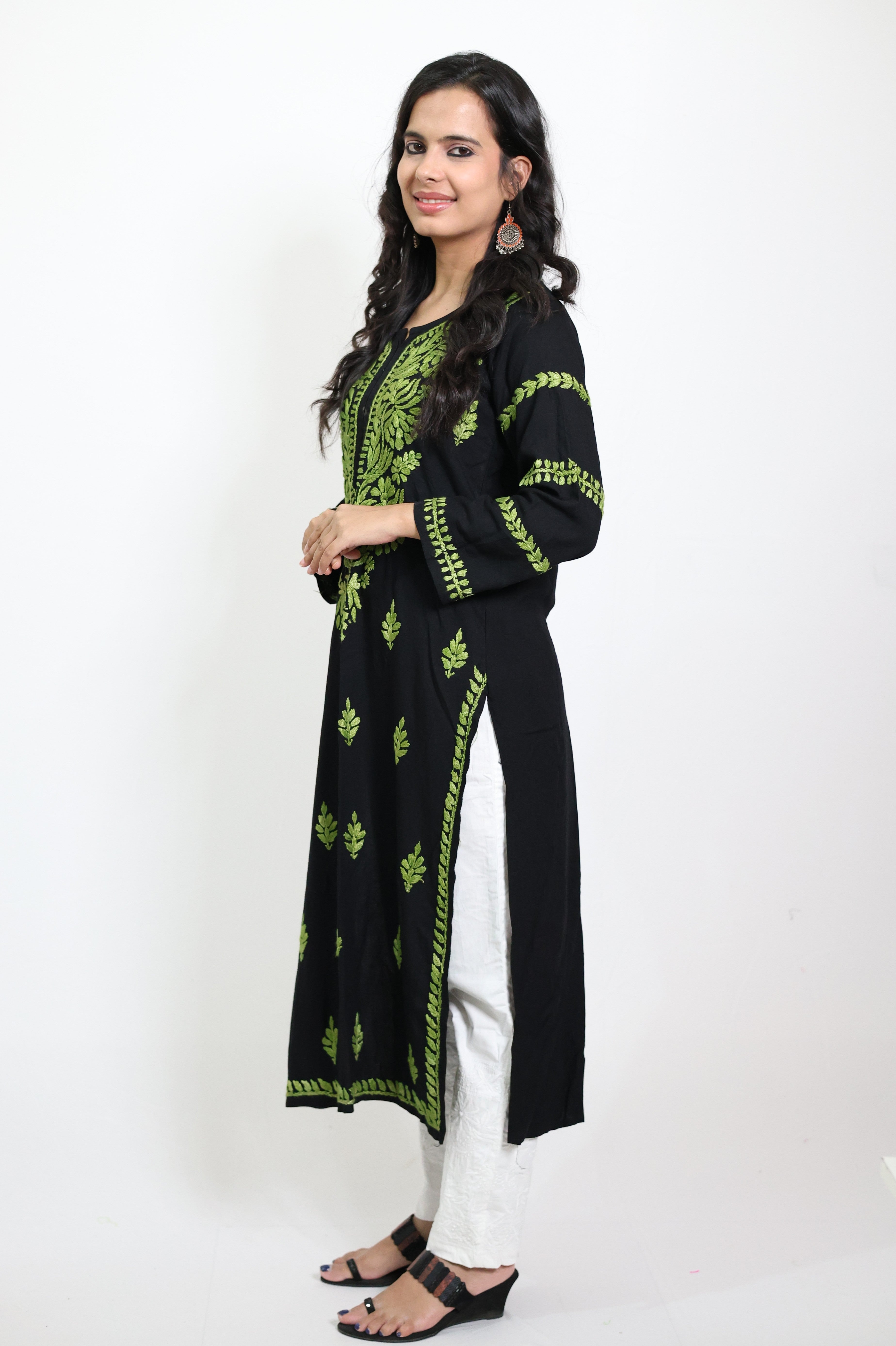 Black Rayon Lucknowi Chikankari Kurti with Green Hand-Embroidery for Women