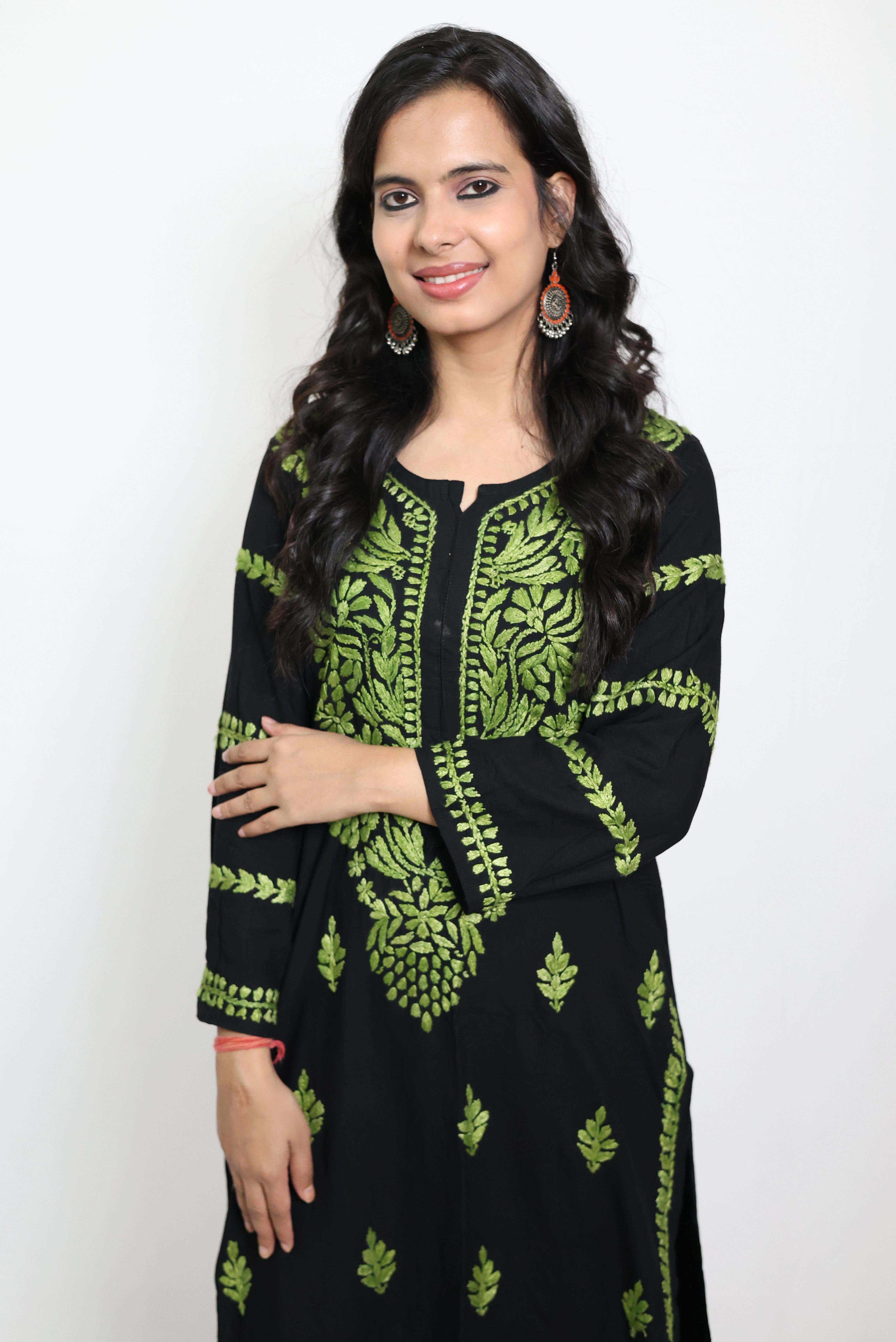 Black Rayon Lucknowi Chikankari Kurti with Green Hand-Embroidery for Women