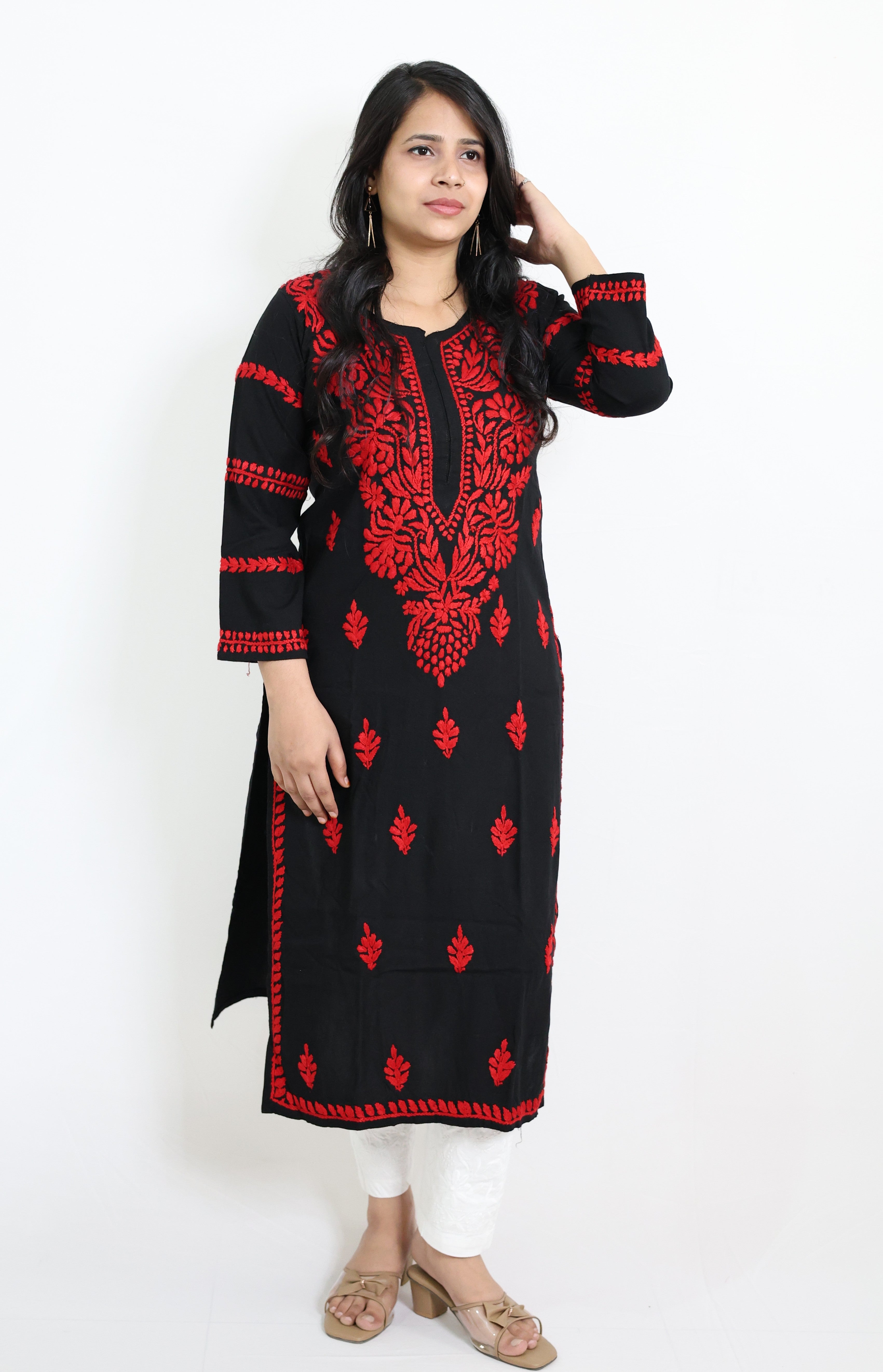 Black Rayon Lucknowi Chikankari Kurti with Red Hand-Embroidery for Women
