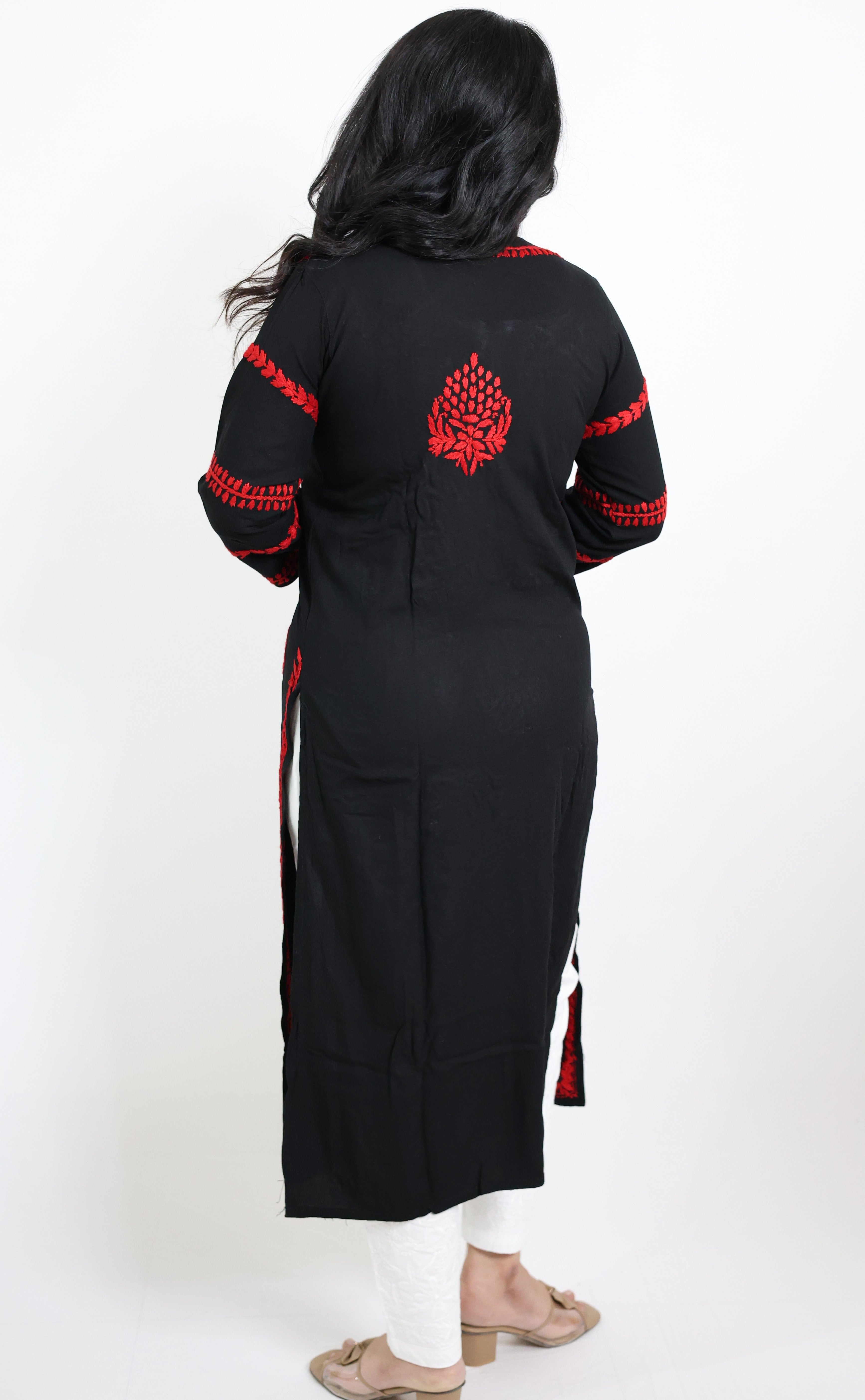 Black Rayon Lucknowi Chikankari Kurti with Red Hand-Embroidery for Women