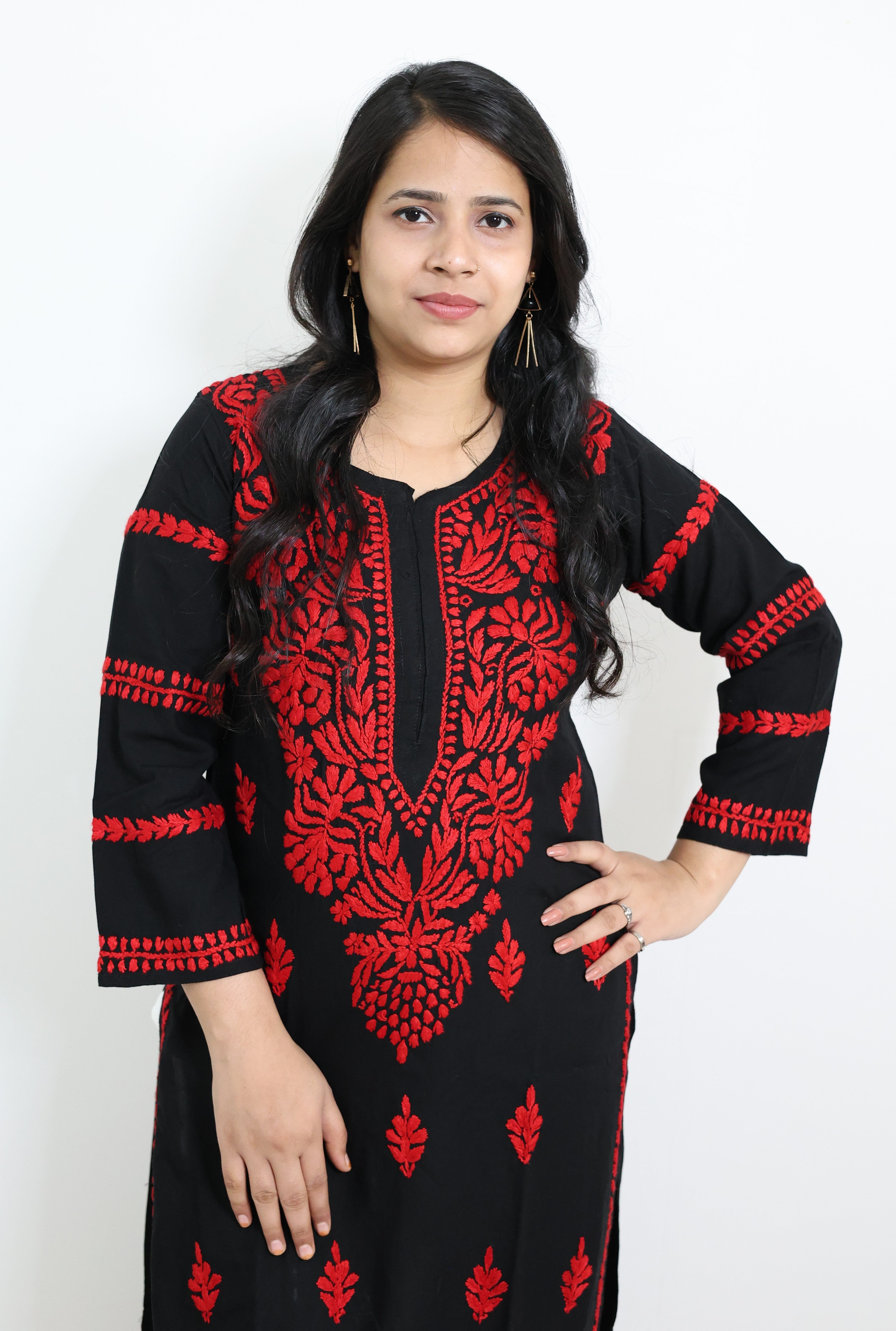 Black Rayon Lucknowi Chikankari Kurti with Red Hand-Embroidery for Women