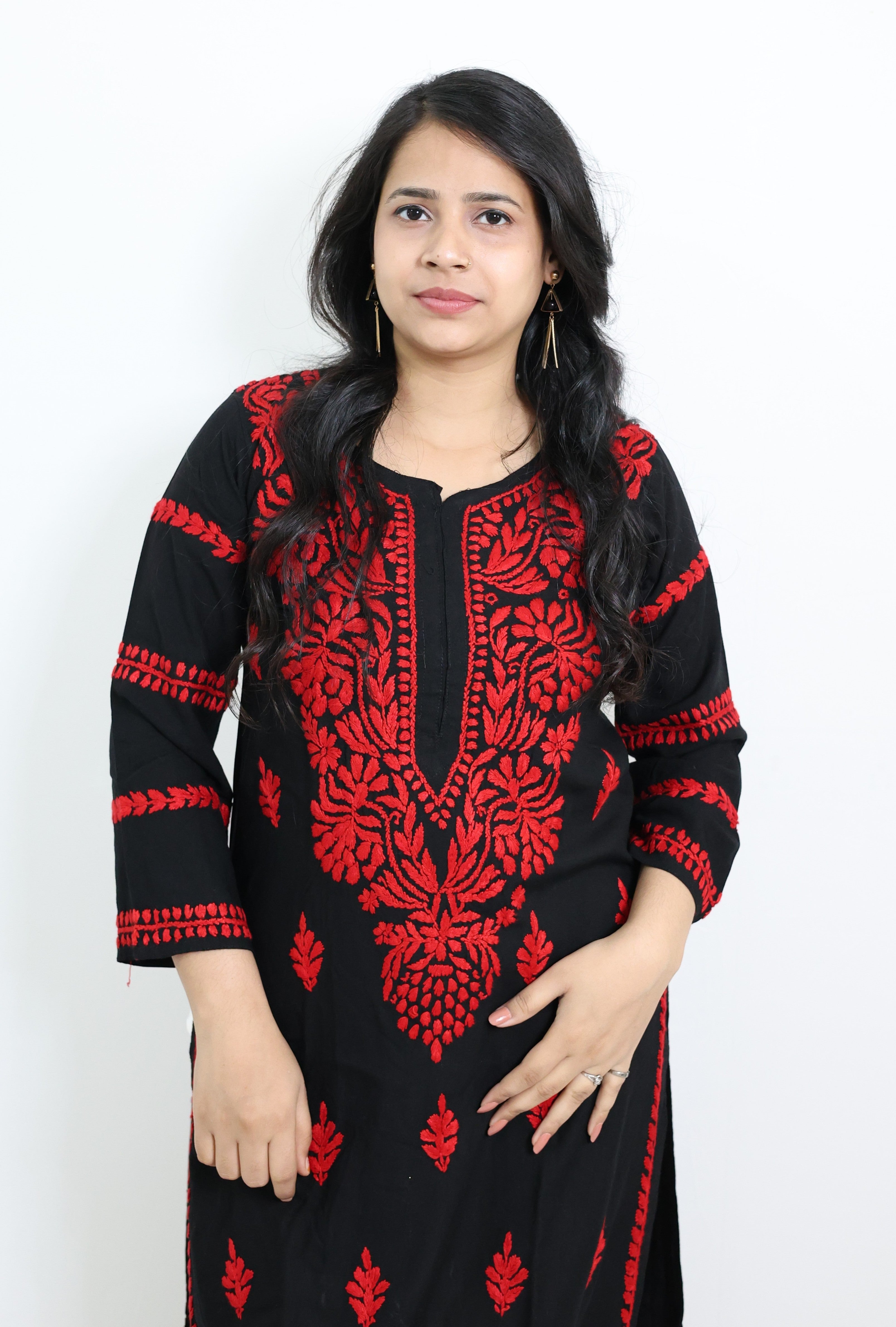 Black Rayon Lucknowi Chikankari Kurti with Red Hand-Embroidery for Women