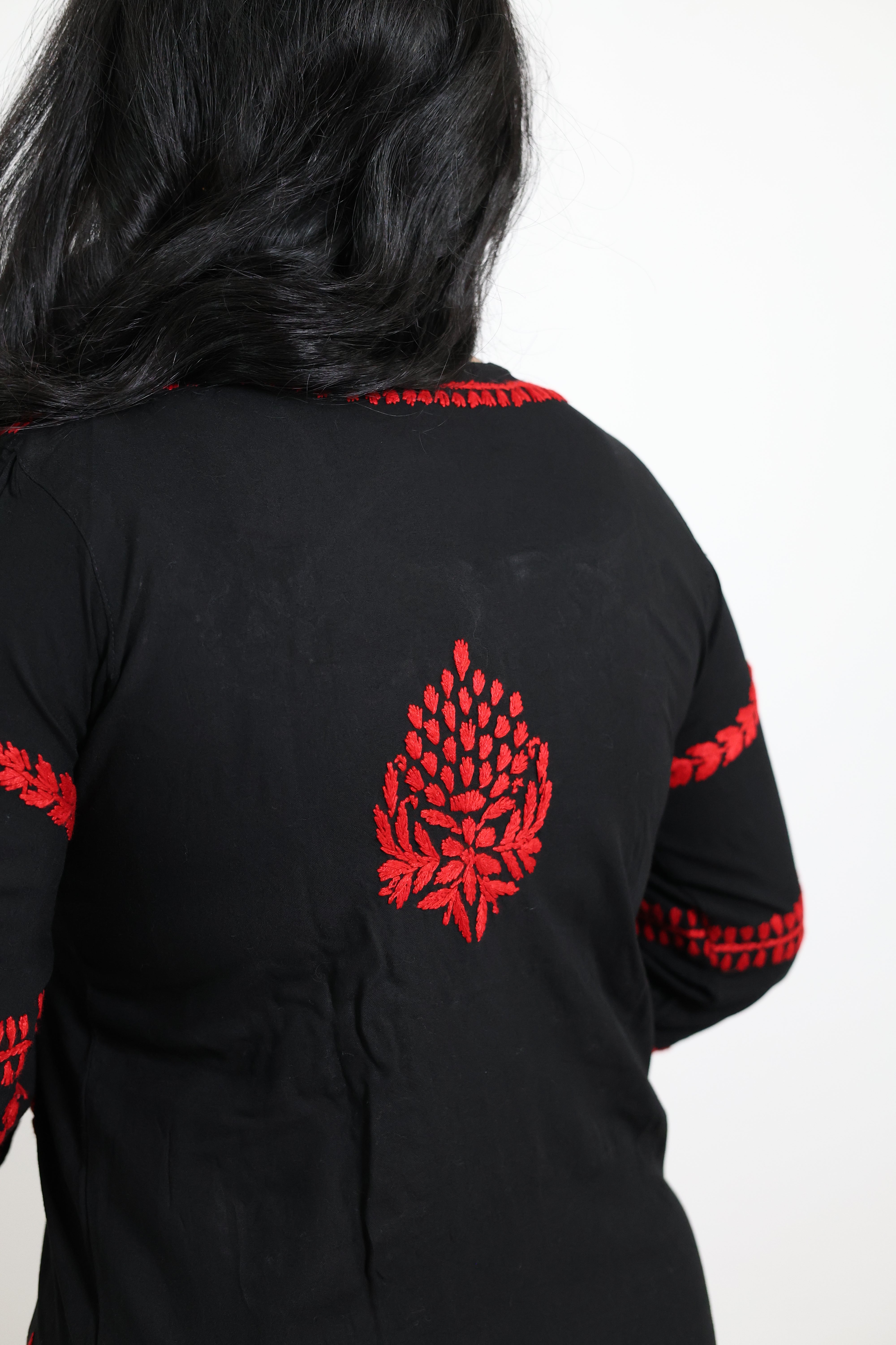 Black Rayon Lucknowi Chikankari Kurti with Red Hand-Embroidery for Women