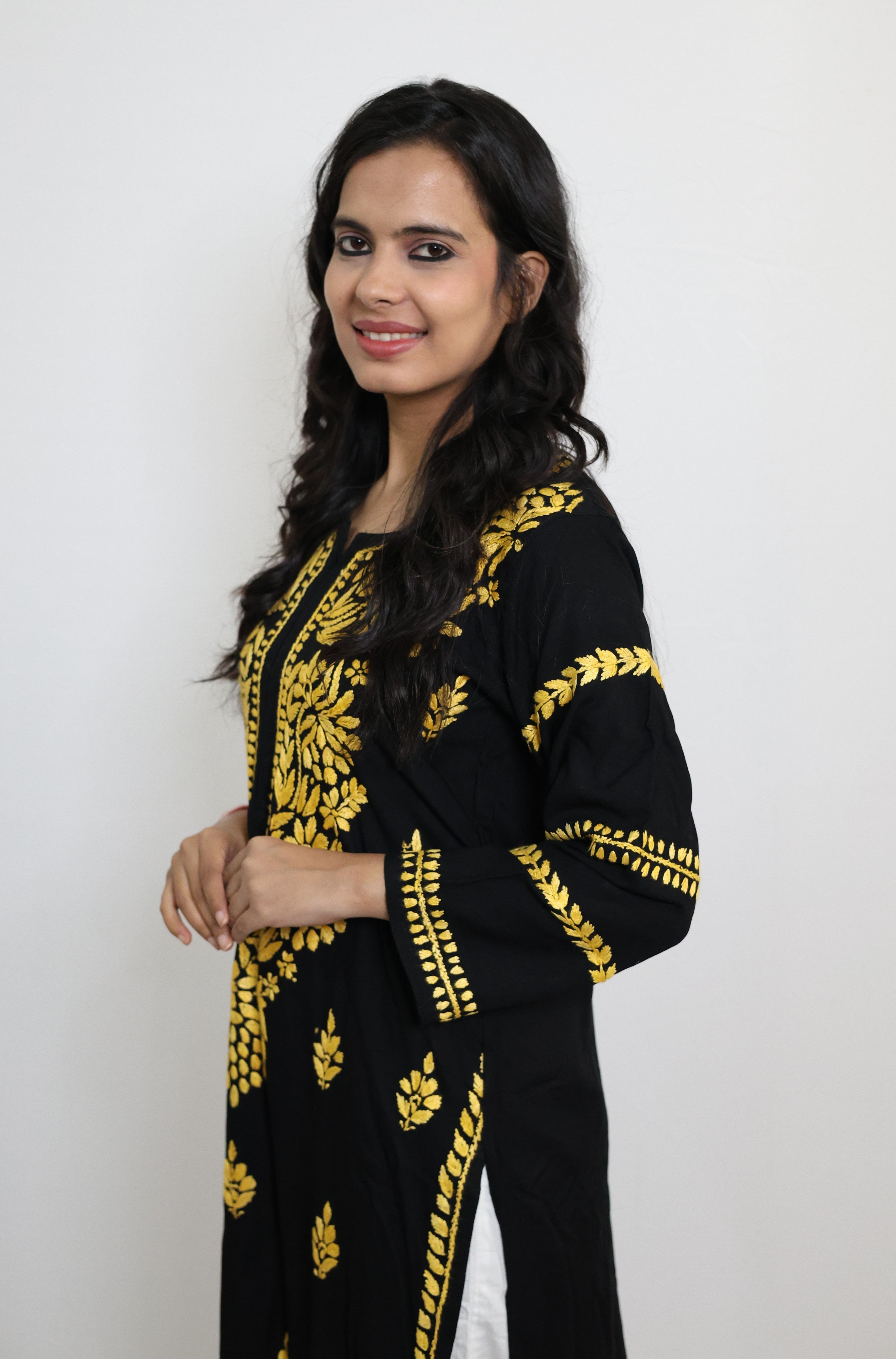 Black Rayon Lucknowi Chikankari Kurti with Yellow Hand-Embroidery for Women