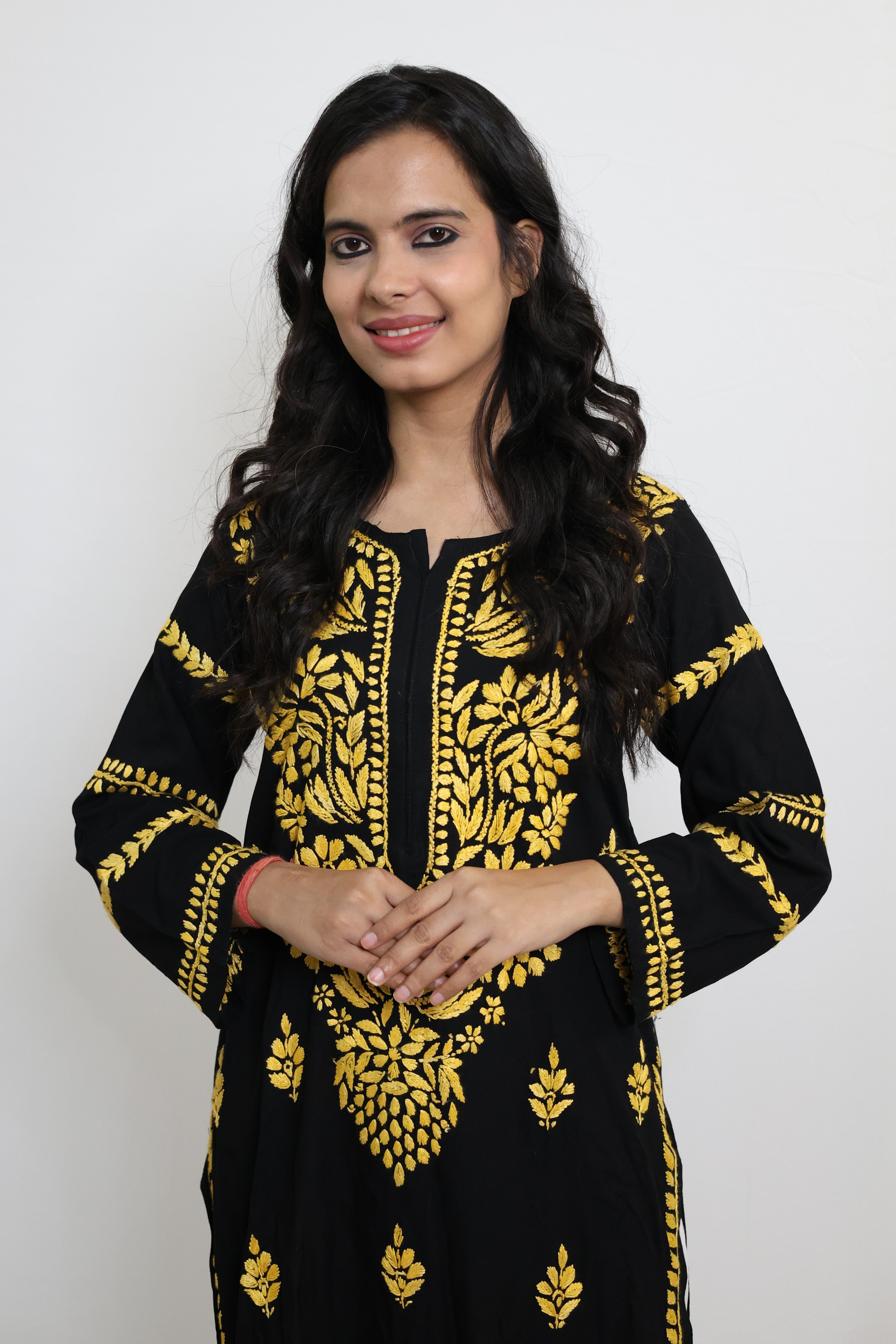 Black Rayon Lucknowi Chikankari Kurti with Yellow Hand-Embroidery for Women