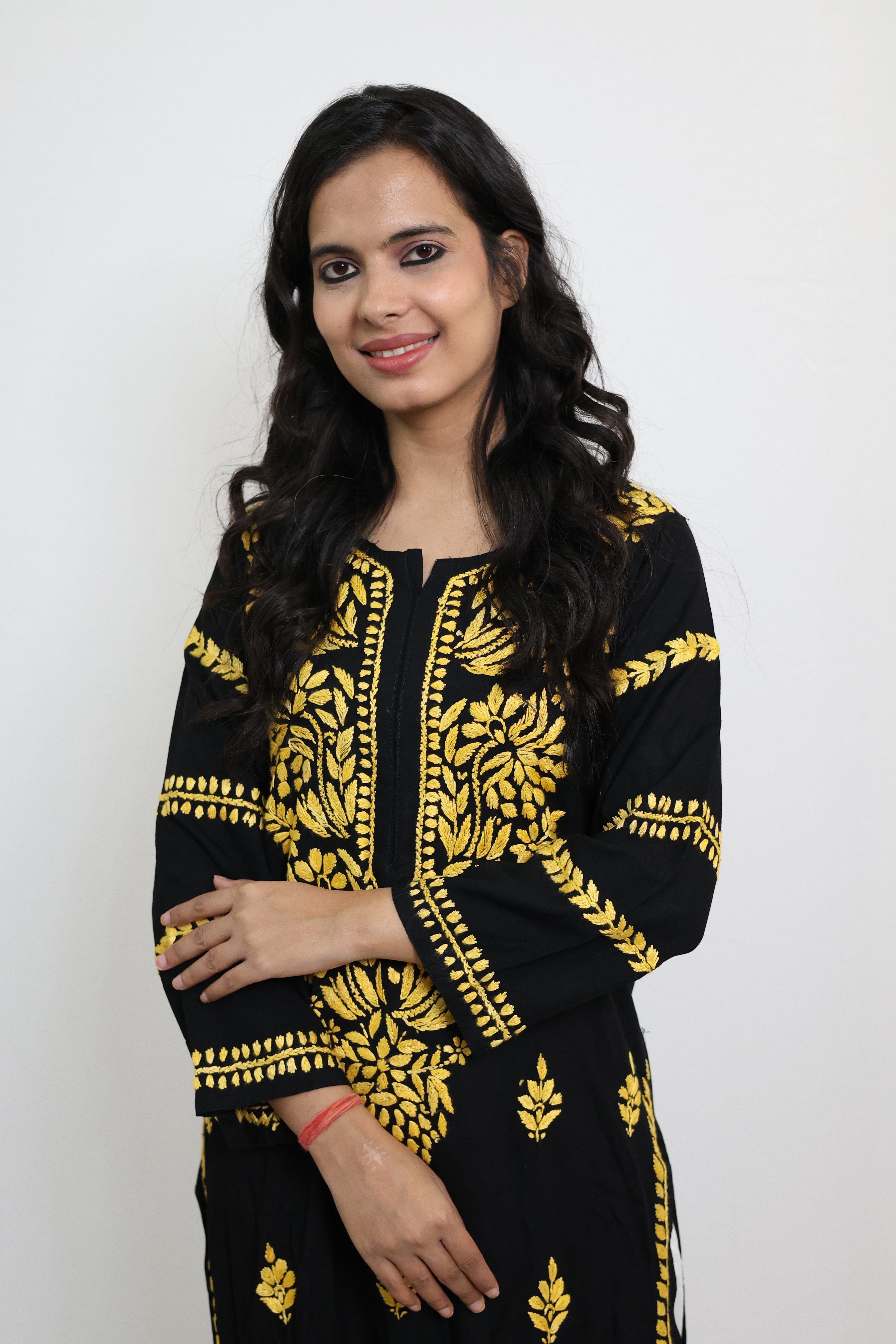 Black Rayon Lucknowi Chikankari Kurti with Yellow Hand-Embroidery for Women