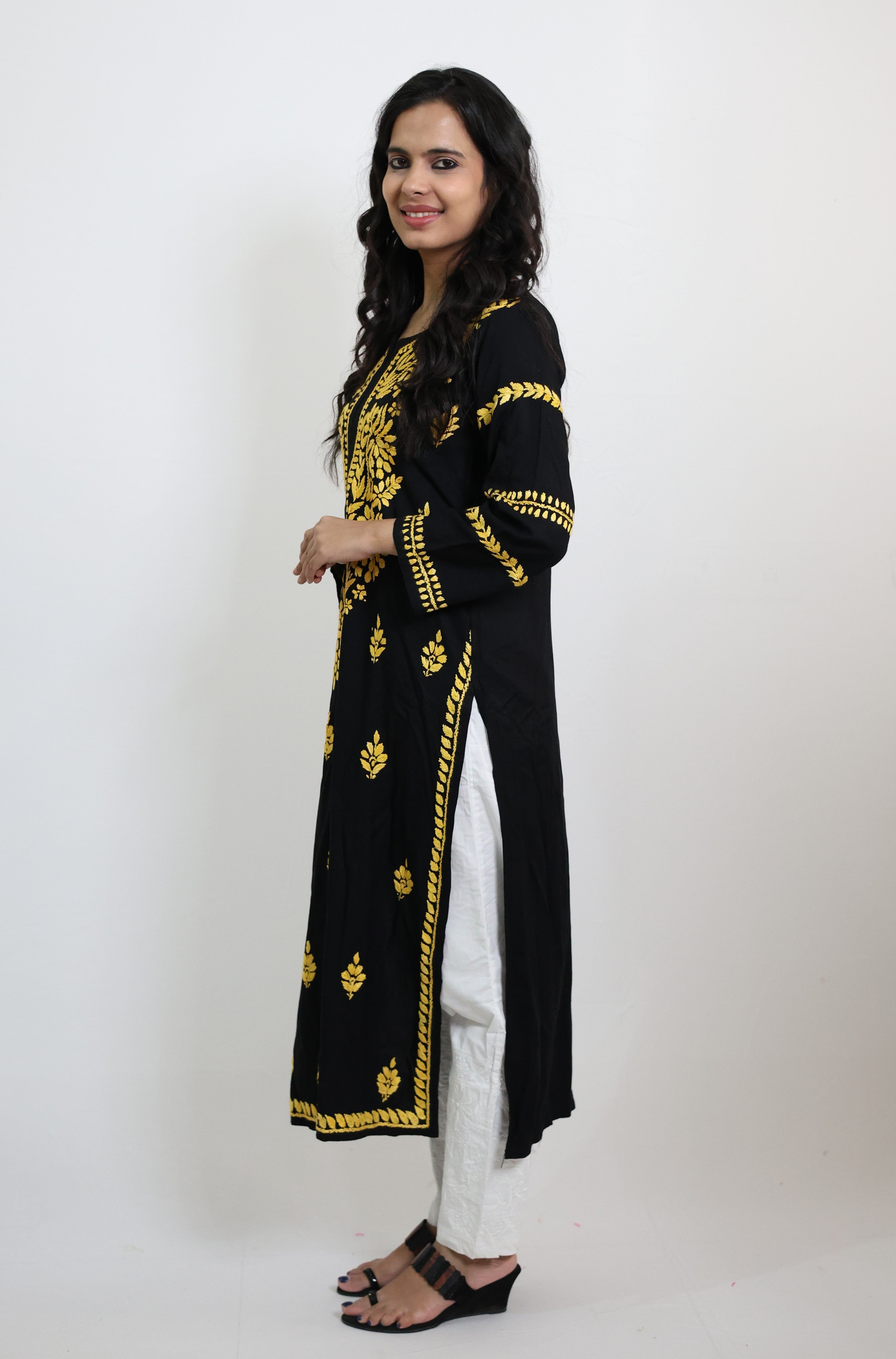 Black Rayon Lucknowi Chikankari Kurti with Yellow Hand-Embroidery for Women
