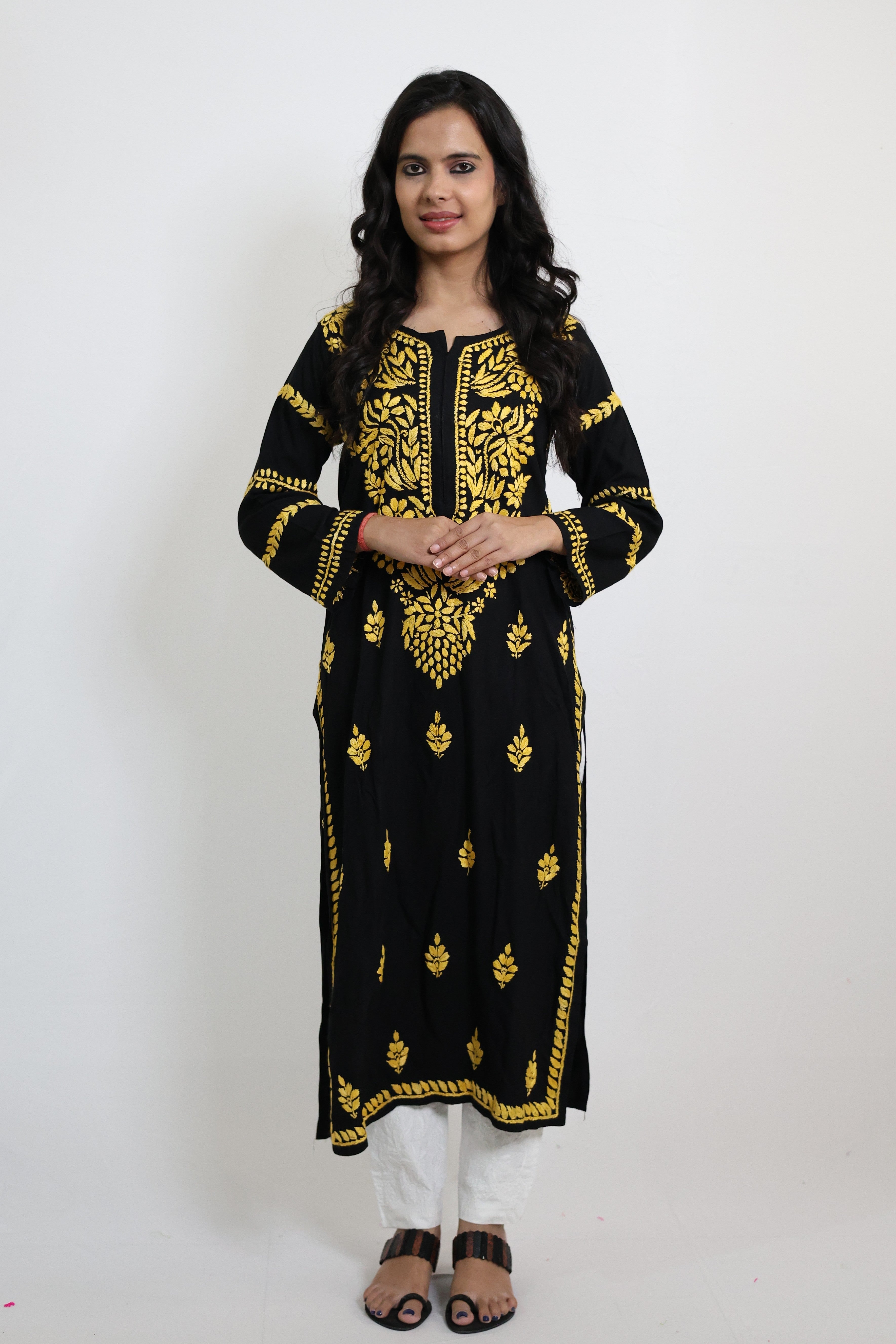 Black Rayon Lucknowi Chikankari Kurti with Yellow Hand-Embroidery for Women