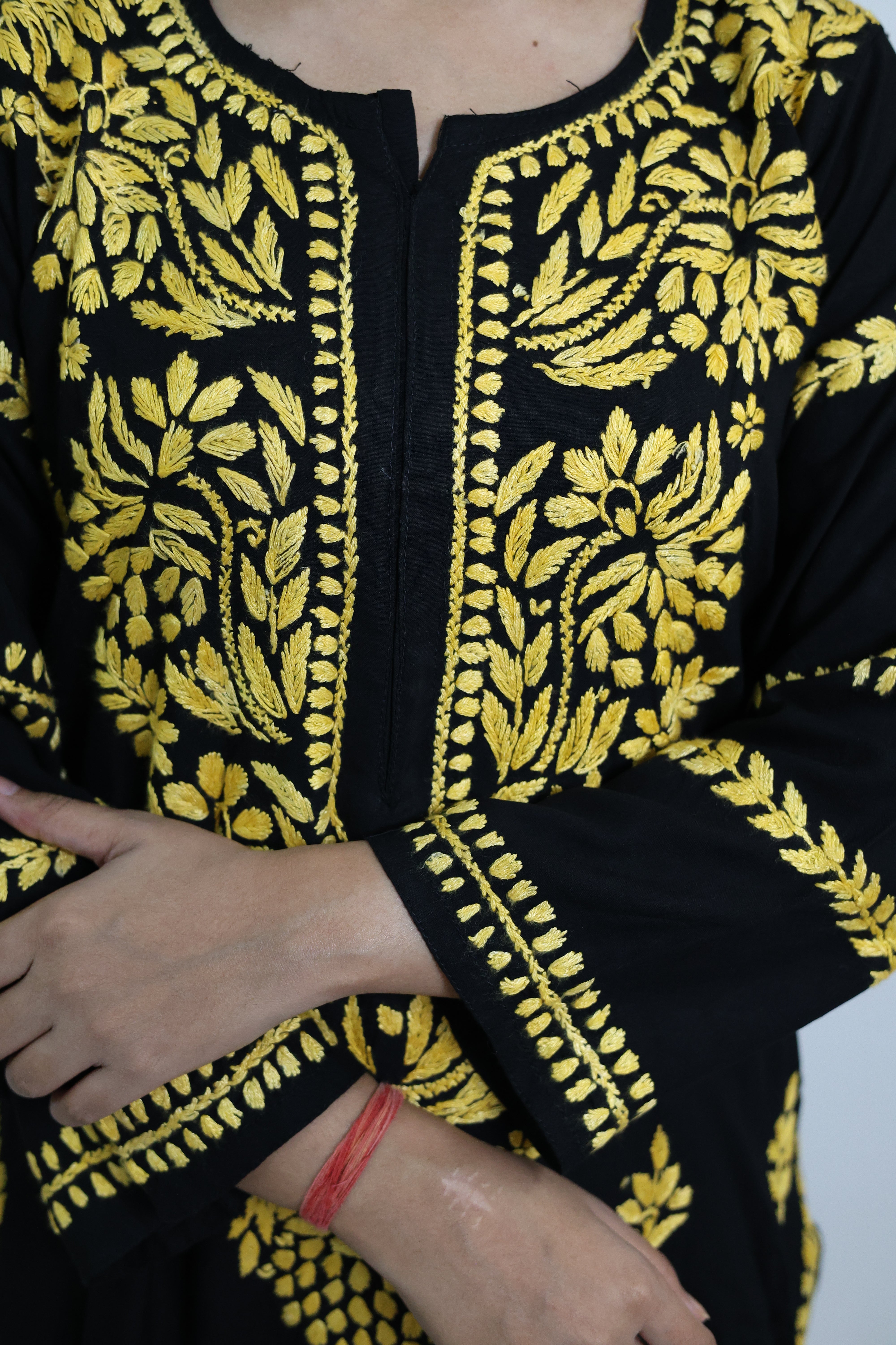 Black Rayon Lucknowi Chikankari Kurti with Yellow Hand-Embroidery for Women