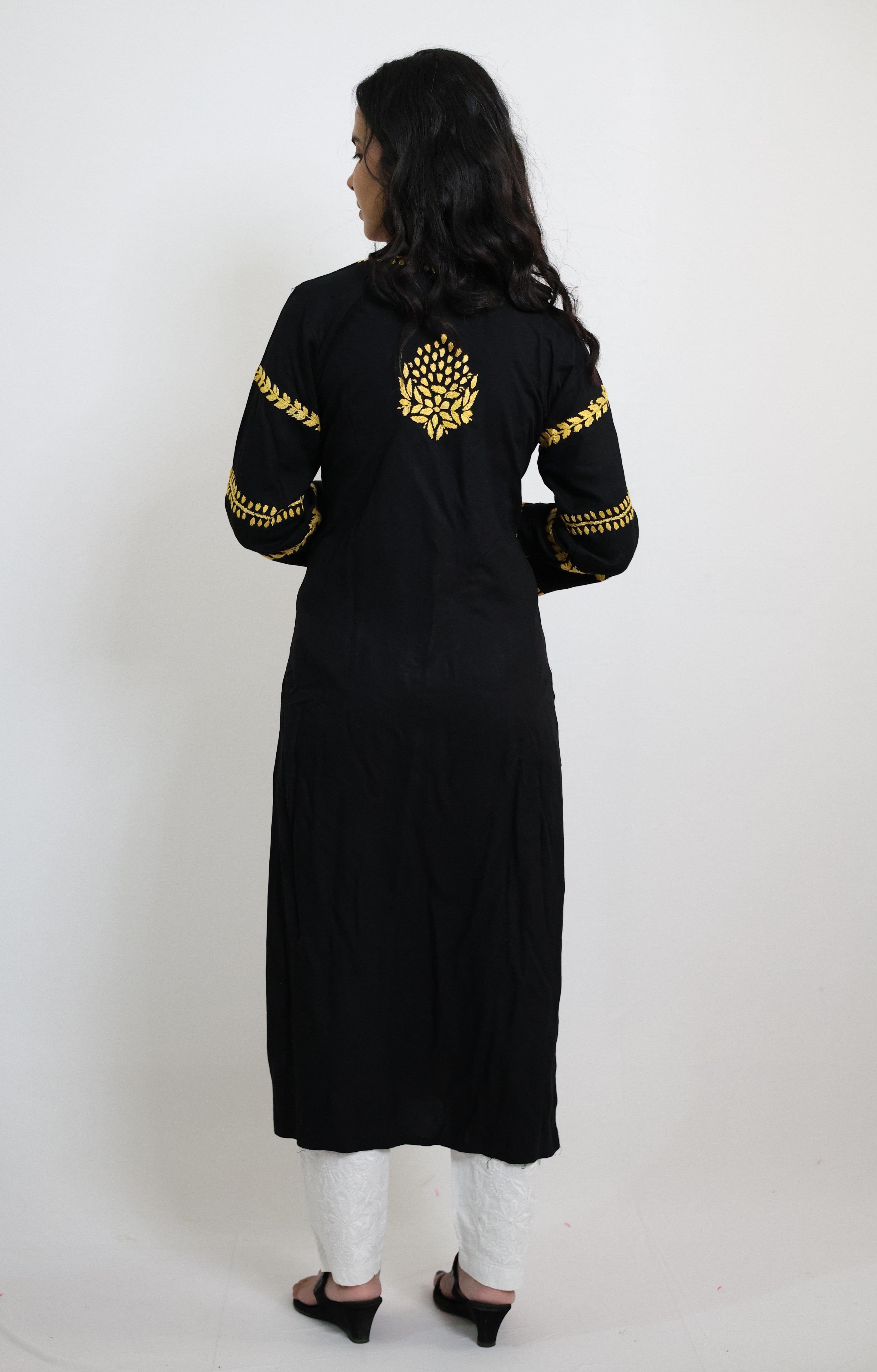 Black Rayon Lucknowi Chikankari Kurti with Yellow Hand-Embroidery for Women