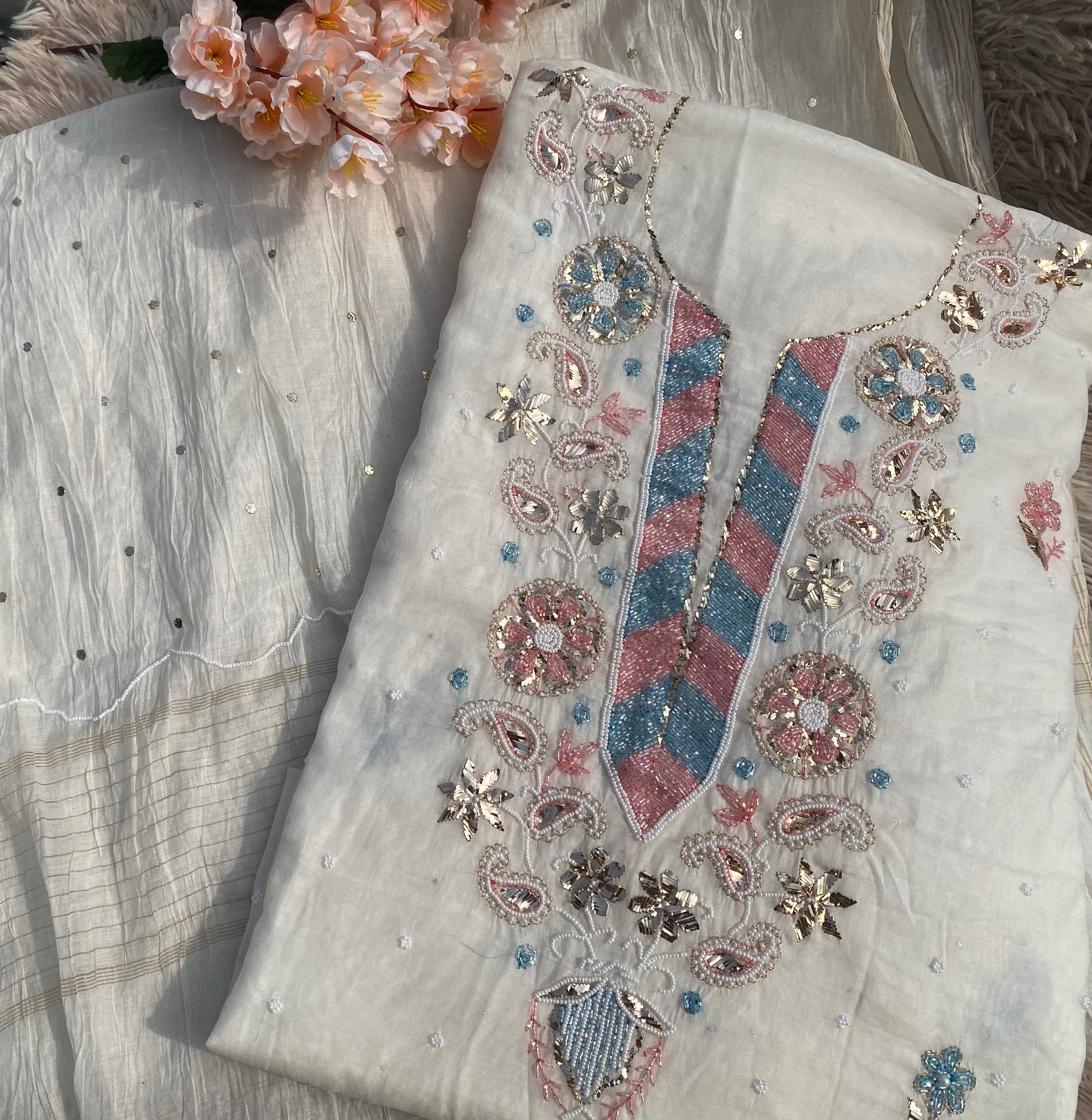 Mul Chanderi Chikankari Suit with Mukaish & Cutdana Hand Embroidery