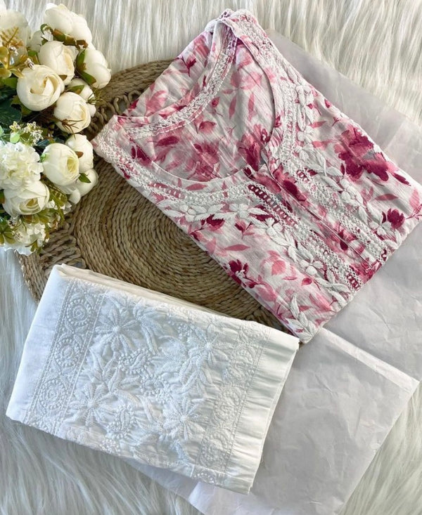 FLOWER MULMUL PINK CHIKANKARI KURTI SET.