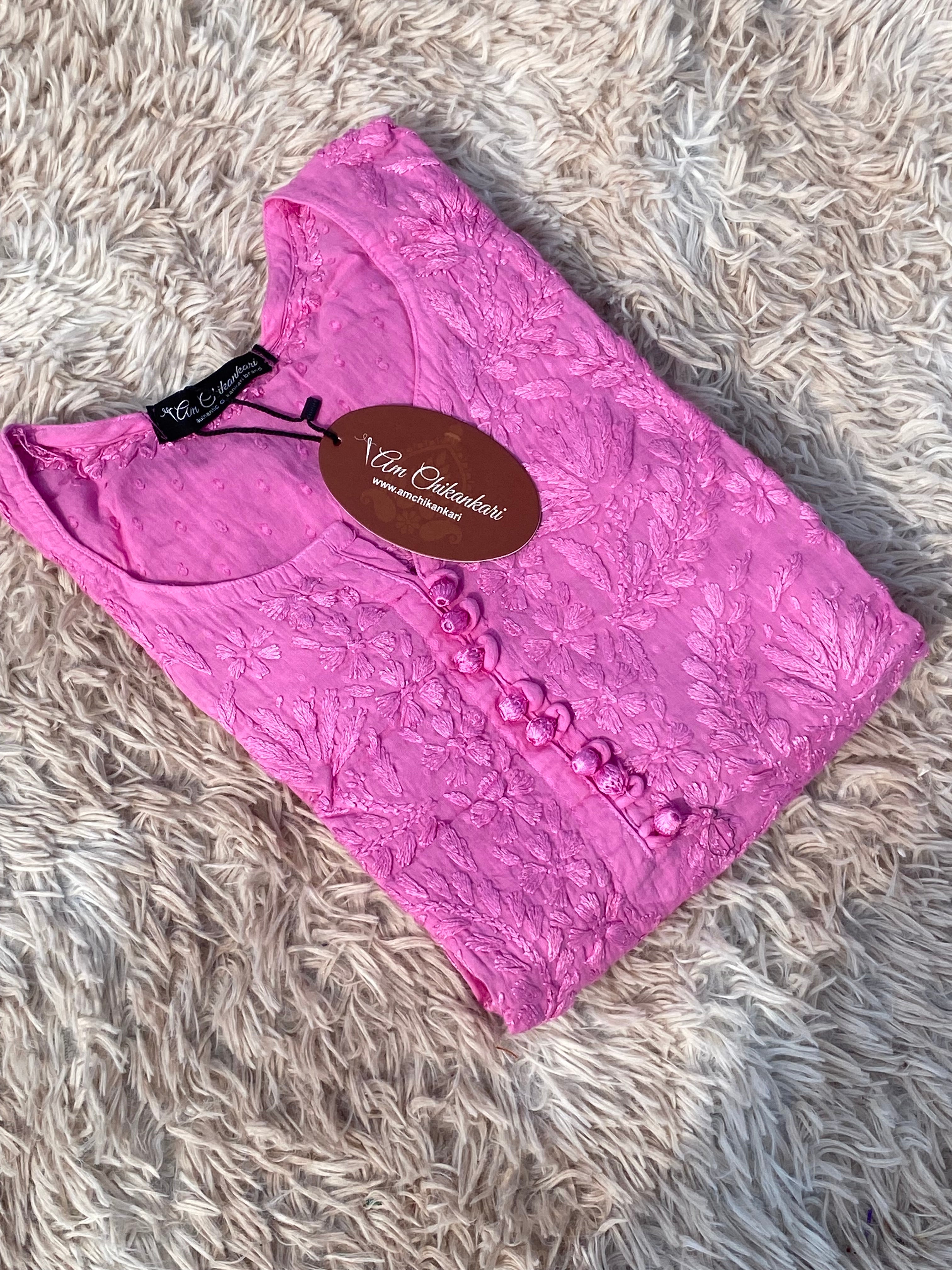 PINK DOBBY COTTON CHIKANKARI KURTI