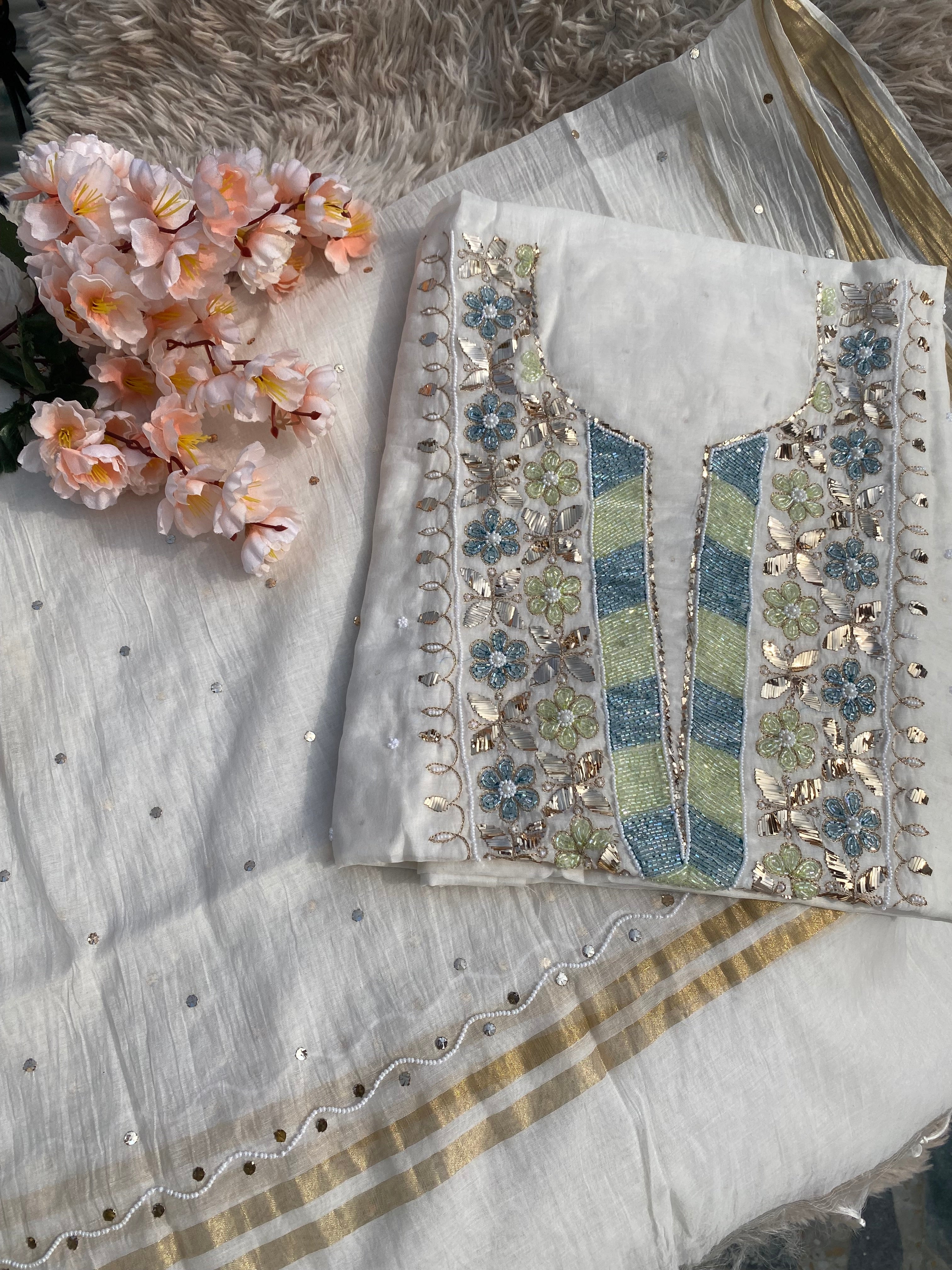 Mul Chanderi Chikankari Suit with Mukaish & Cutdana Hand Embroidery