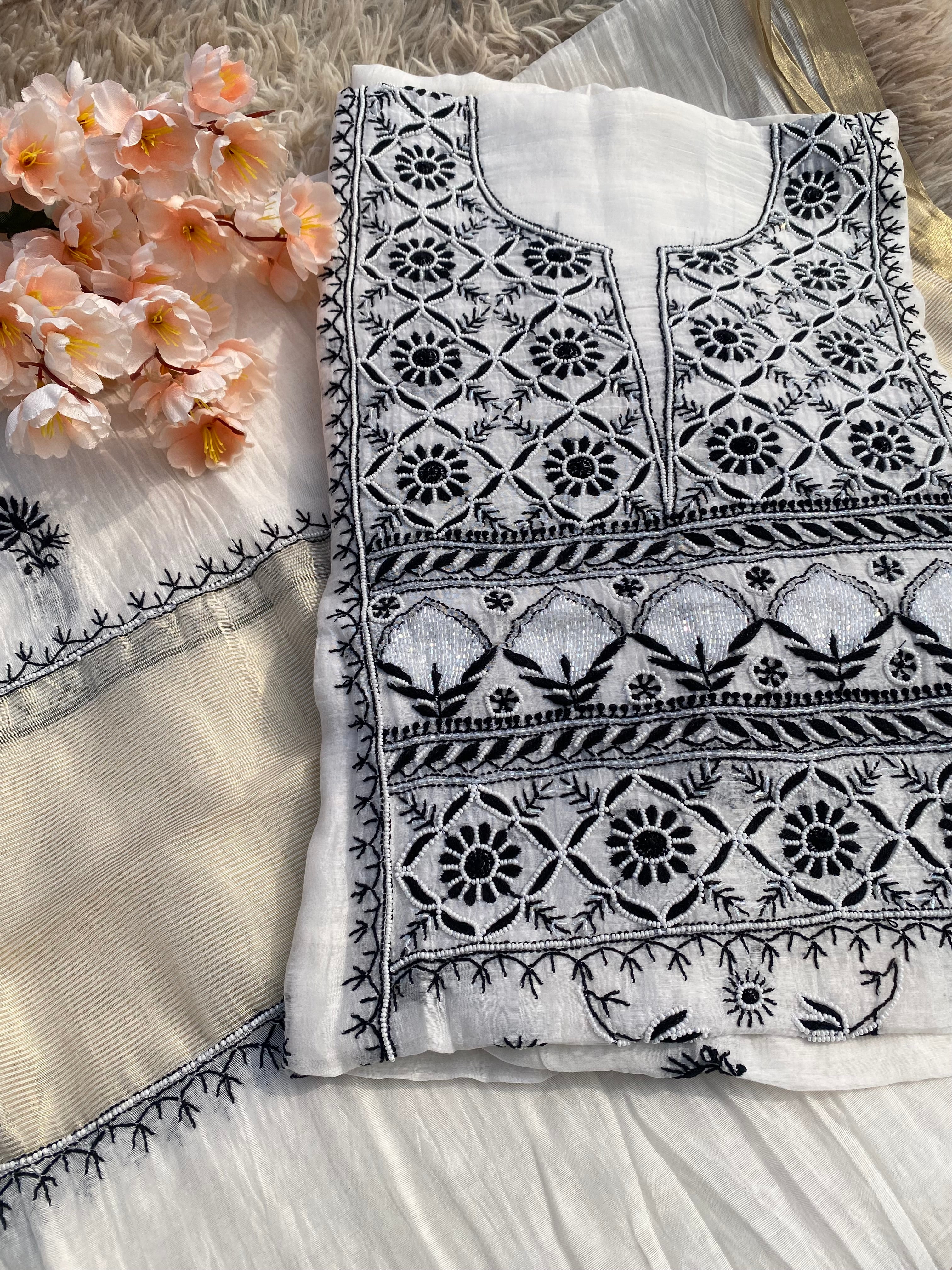 White and black Mul Chanderi Timeless Chikankari Kurti Set | Hand Embroidered Lucknowi Wear