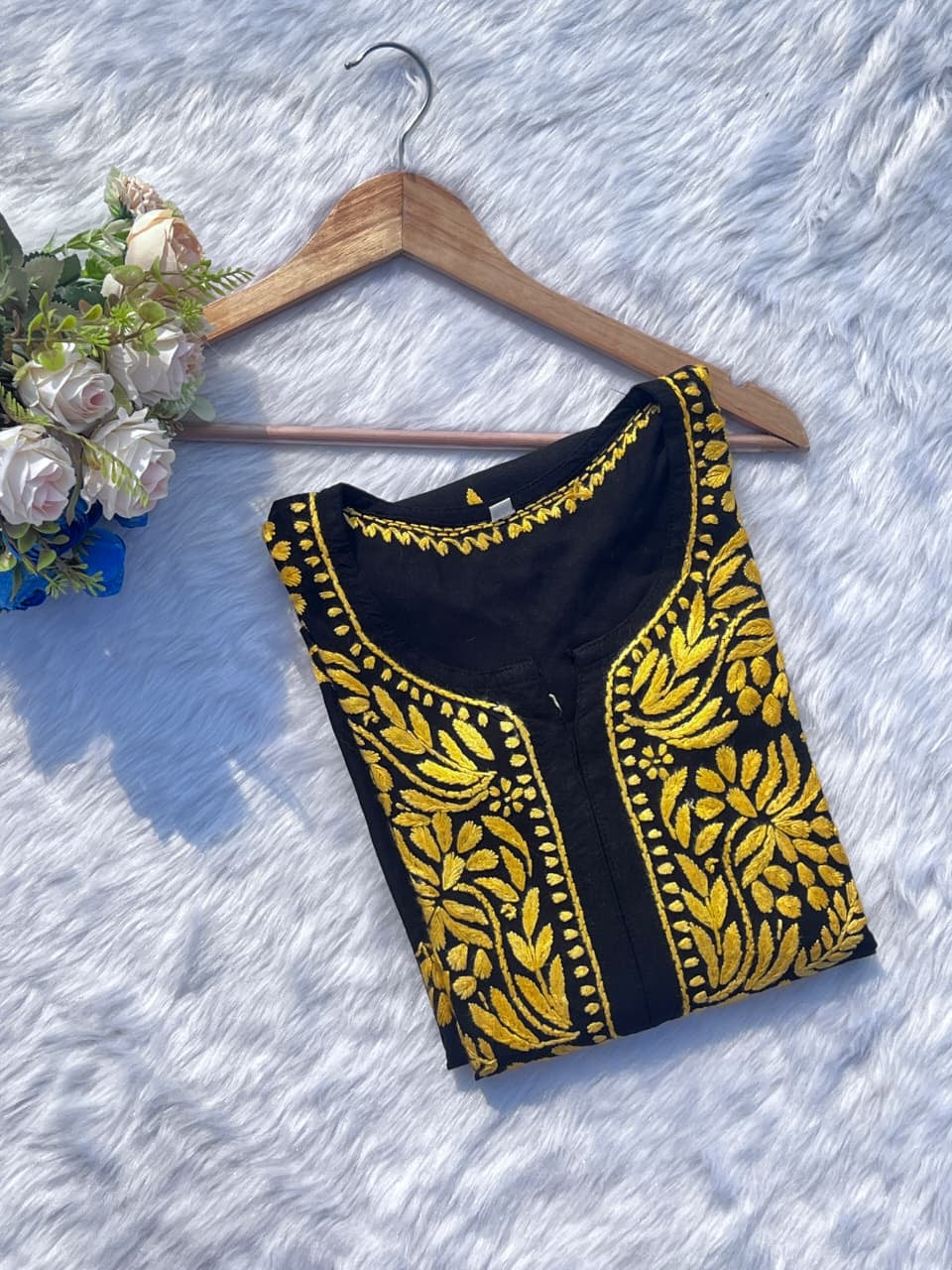 TRENDING CHIKANKARI EMBROIDED KURTI YELLOW