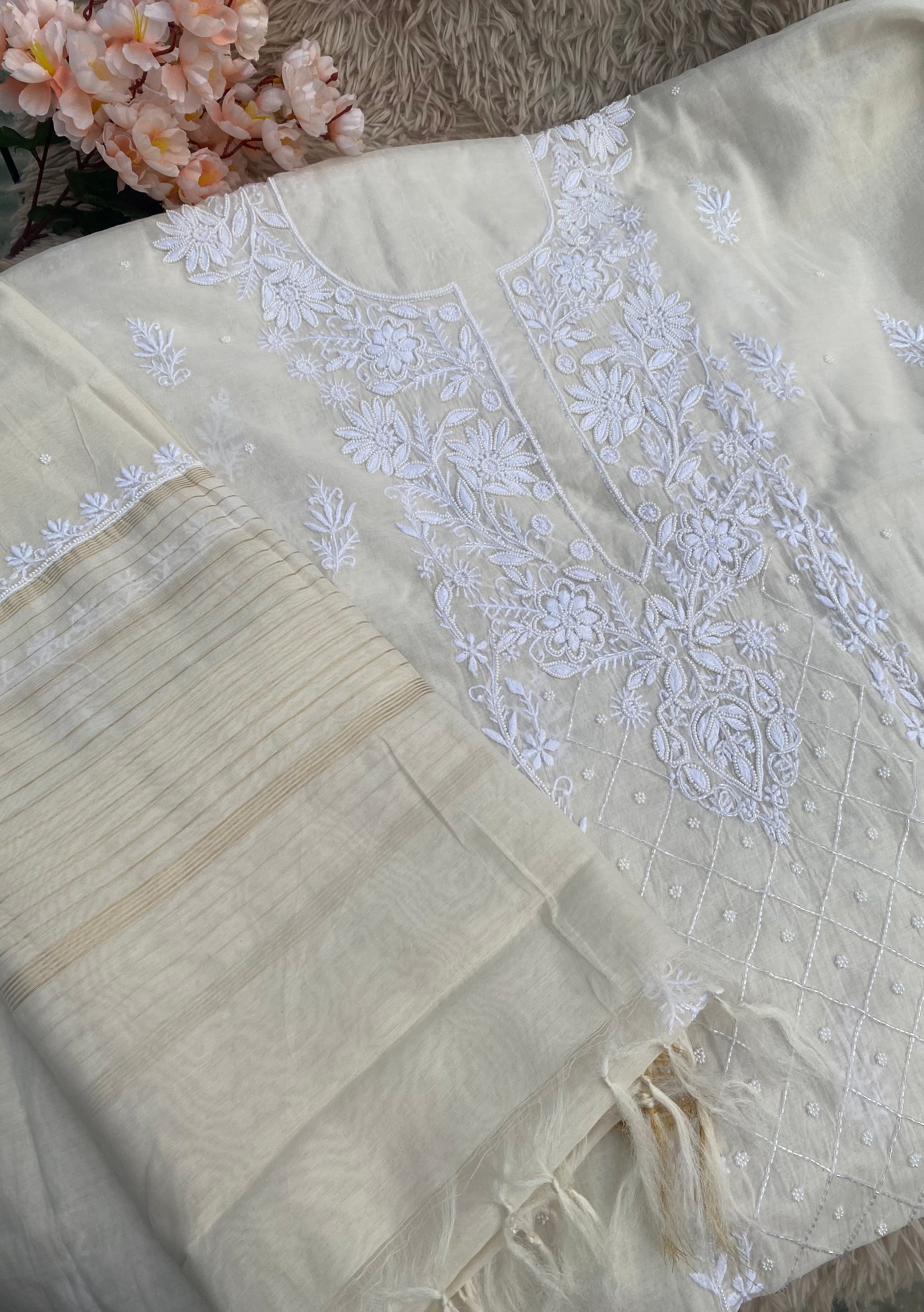 WHITE MUL CHANDERI UNSTITCHED KURTI WITH DUPATTA SET