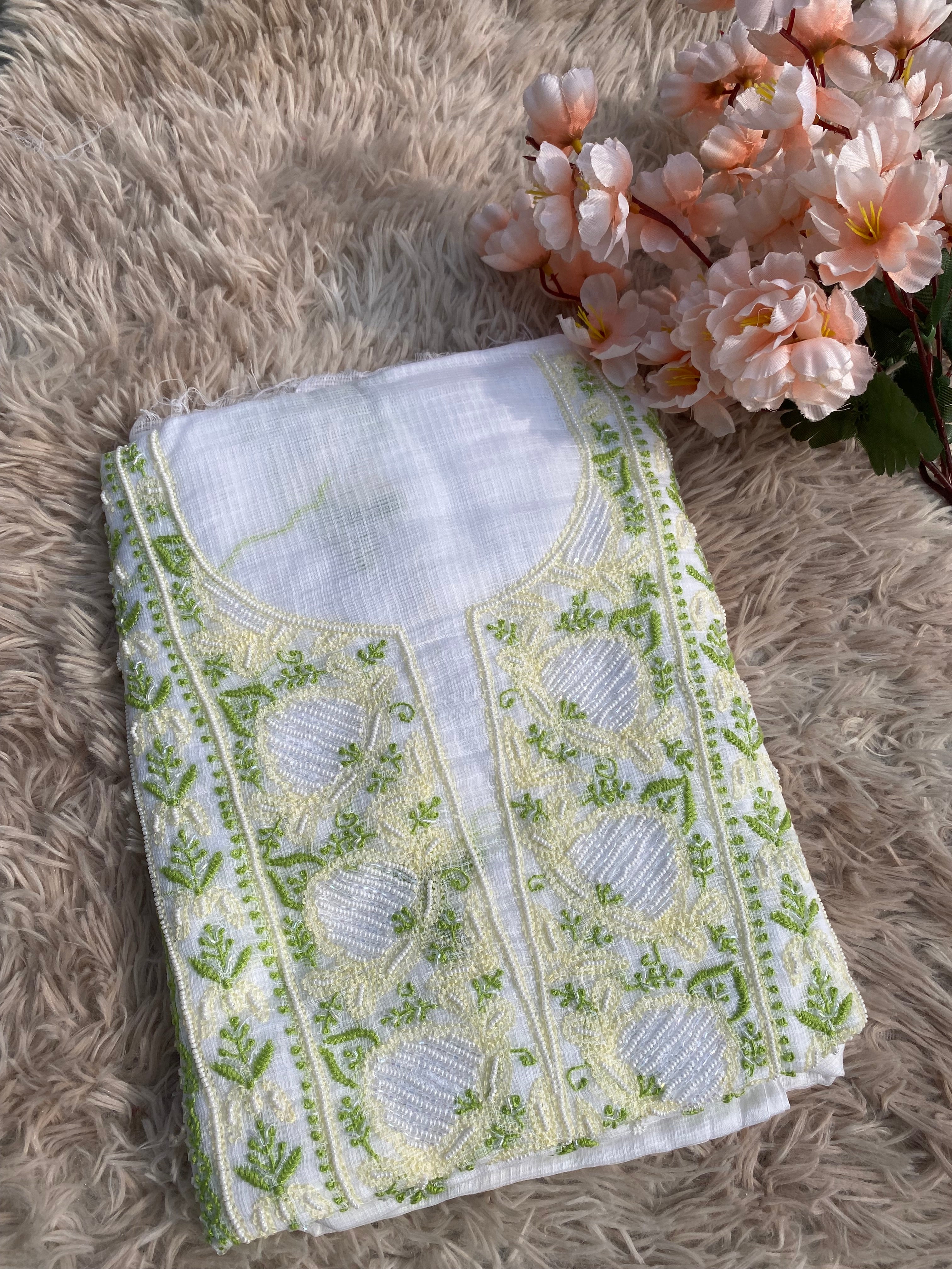 White Kota Doria Chikankari Suit with Lime Green Hand Embroidery